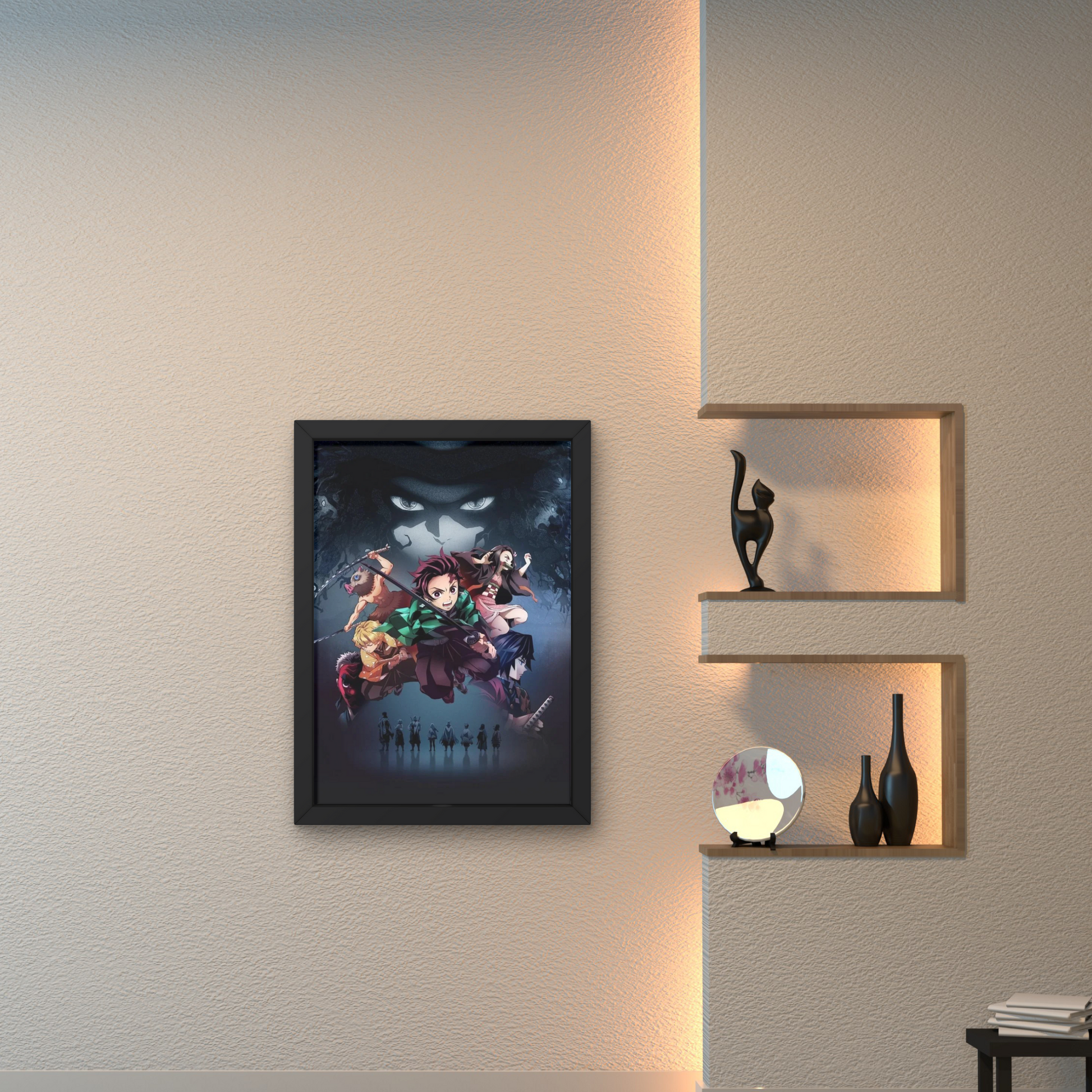 Framed anime wall art featuring characters from Demon Slayer, perfect for modern wall decor and bedroom design, with vibrant colors and unique wall poster design.