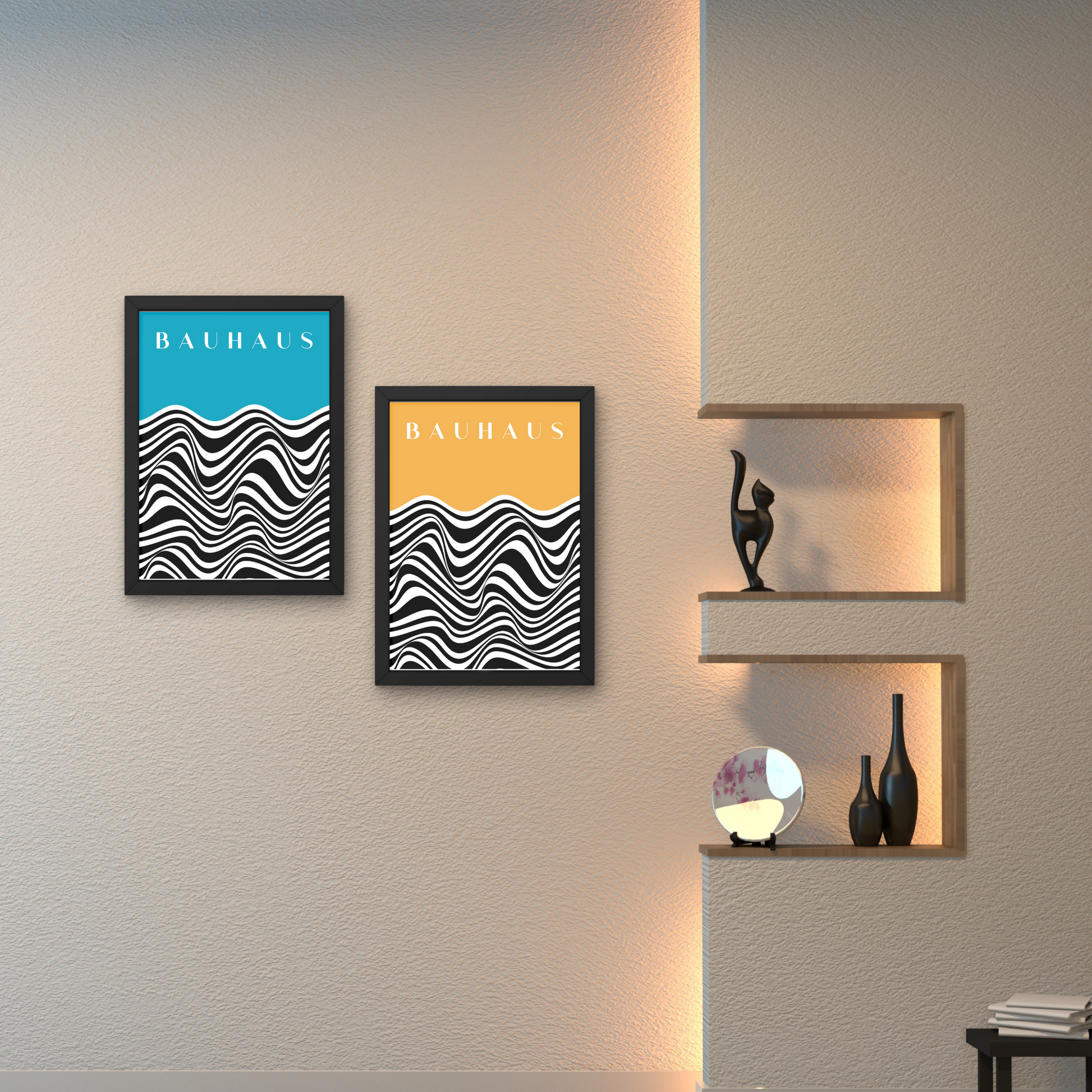 Two Bauhaus art prints featuring abstract wave patterns in blue and yellow, framed for contemporary wall design.



