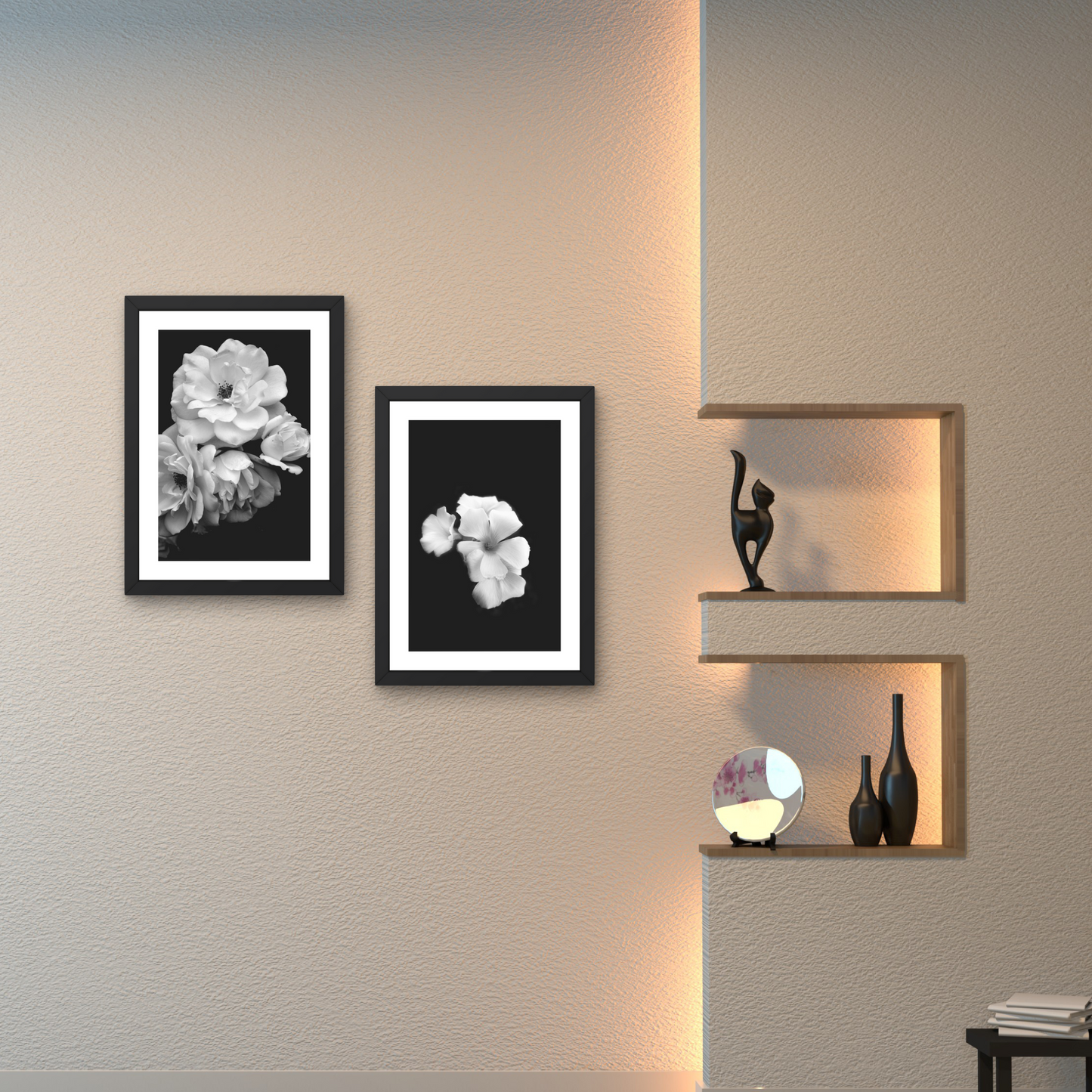 Elegant black and white floral wall art with soft petals against a dark background.



