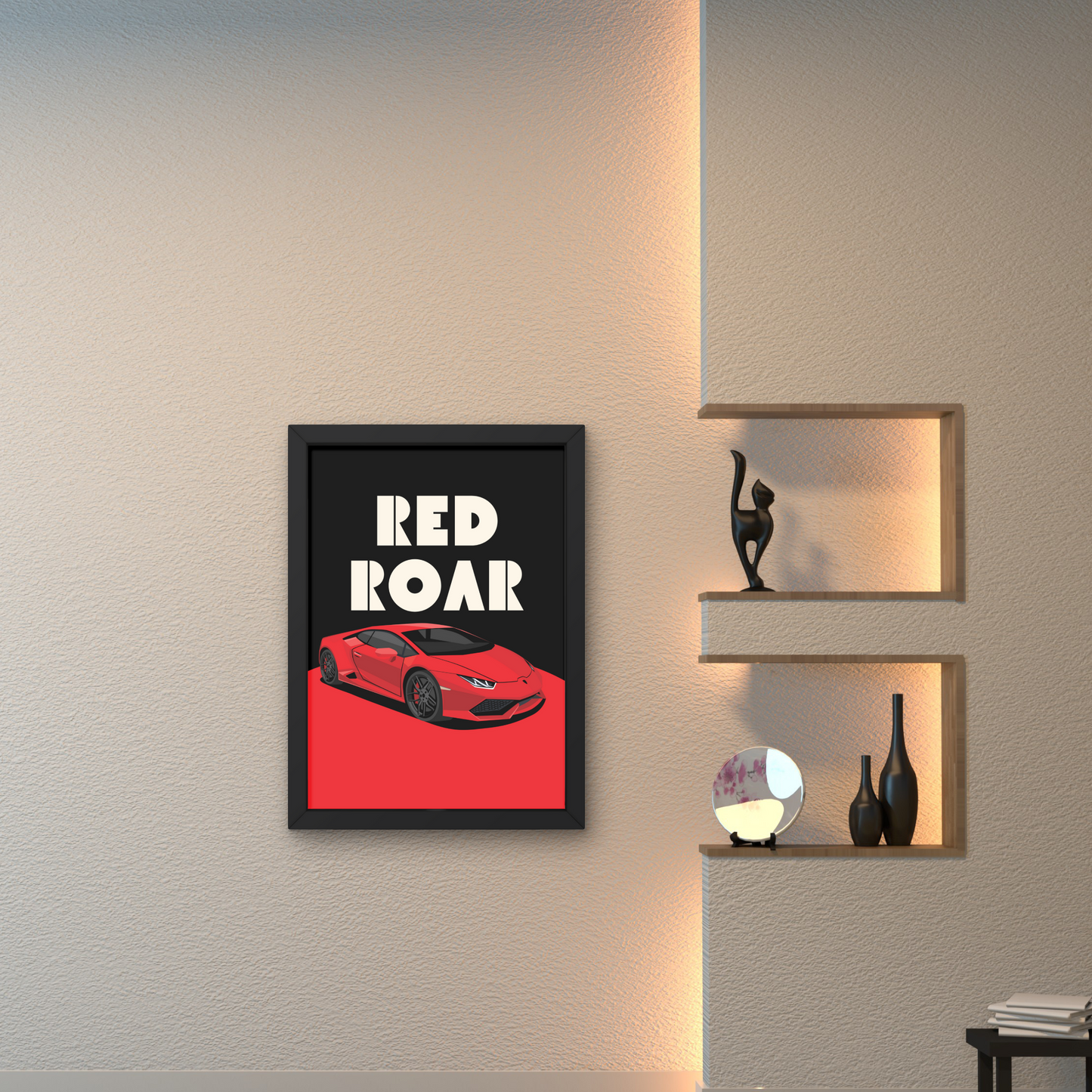 Red sports car artwork titled 'Red Roar,' designed as modern wall art for automotive enthusiasts, perfect for wall decor or wall posters in contemporary spaces.