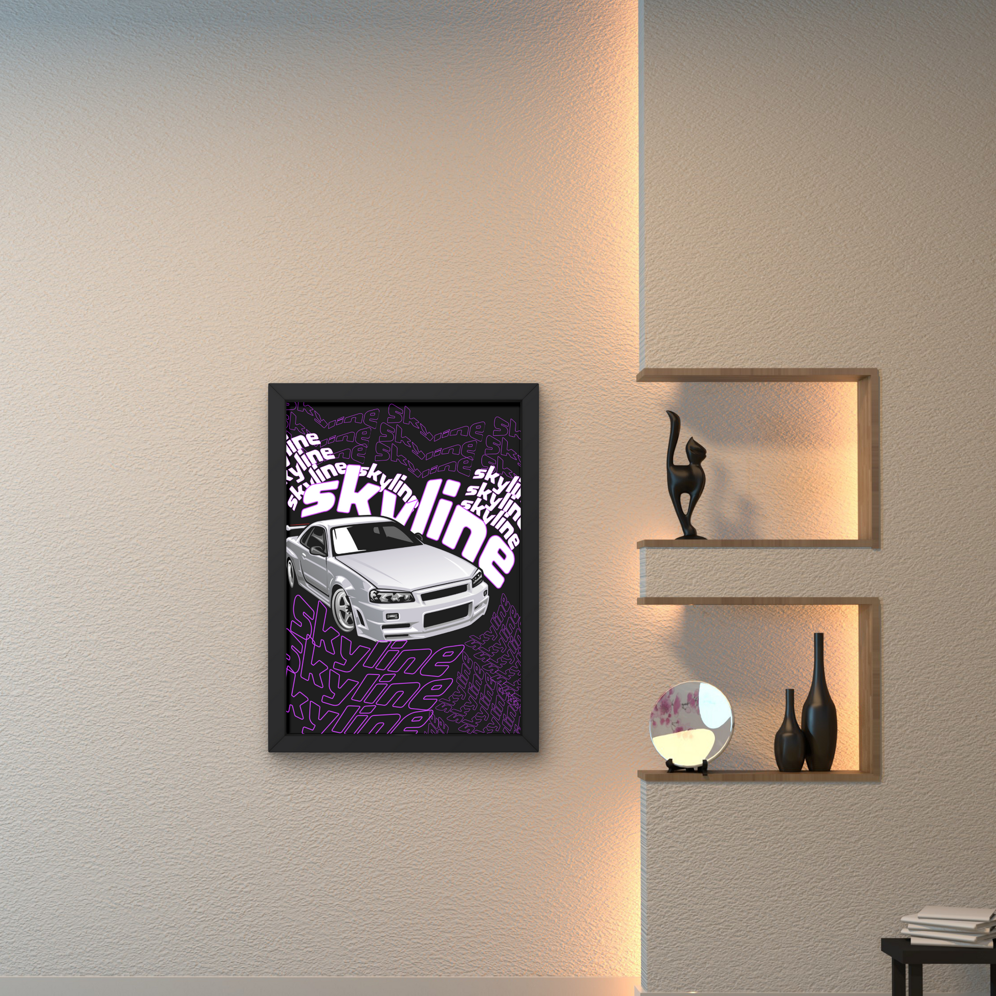 Graphic wall art featuring a silver Skyline sports car with repeated text, designed for modern wall decor or wall posters in automotive-themed spaces.