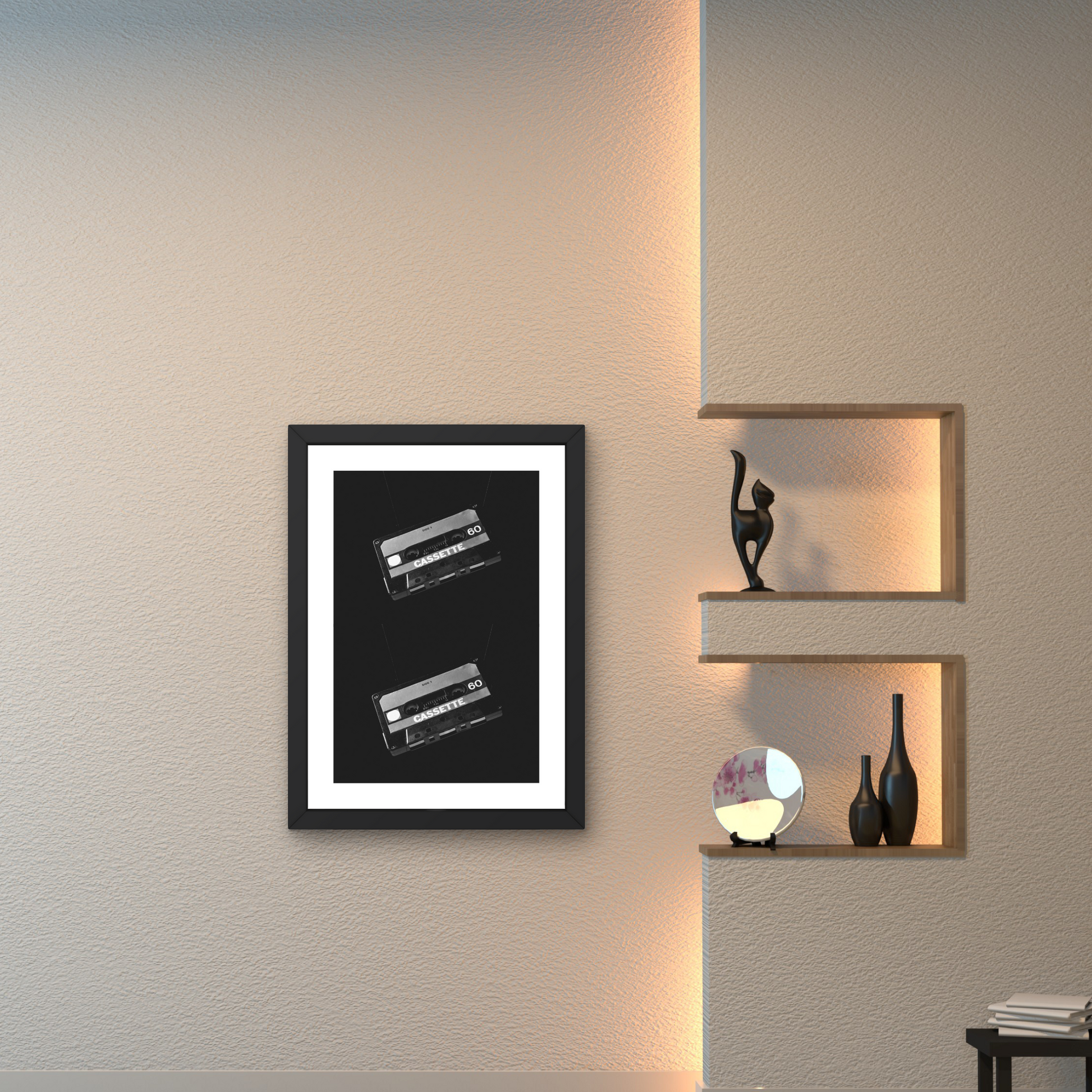 Retro wall art featuring two classic cassette tapes in black and white for nostalgic decor.



