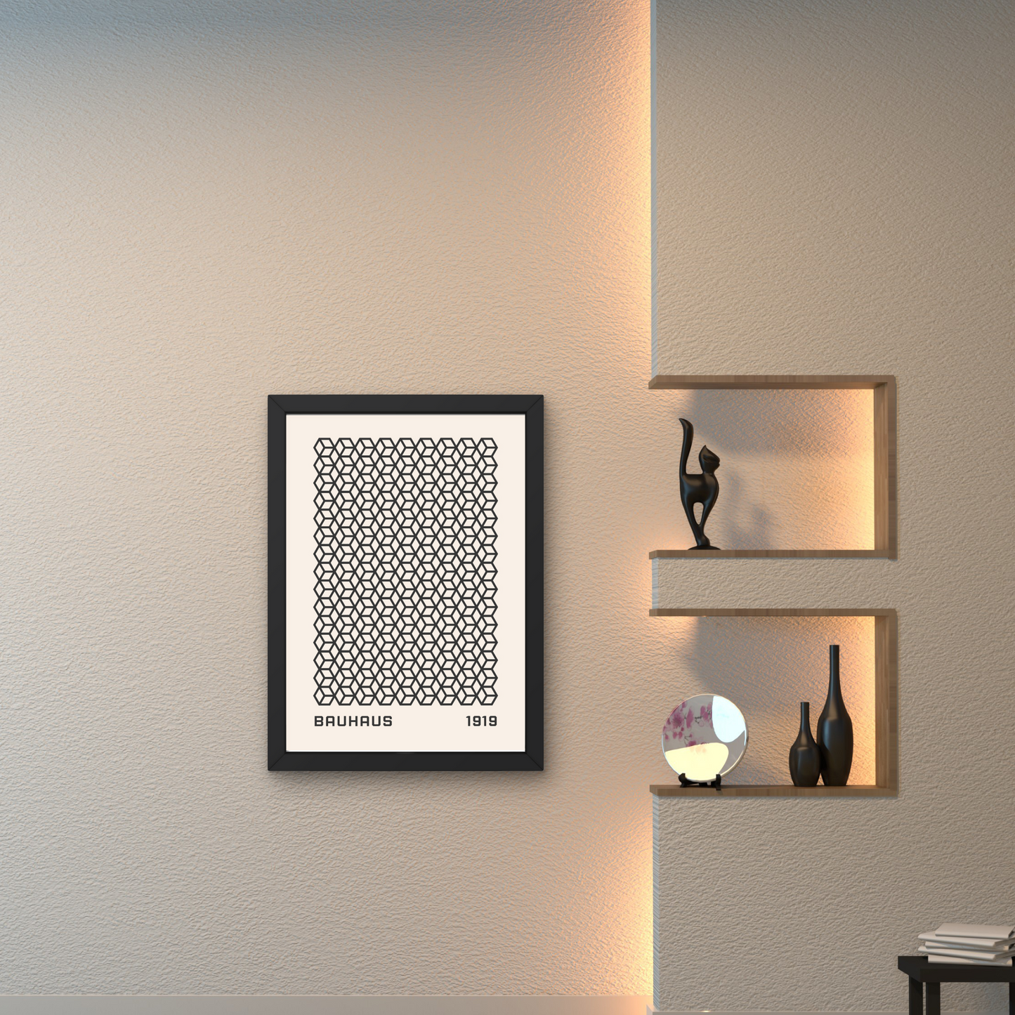 "Framed Bauhaus wall art featuring a detailed black geometric pattern on a beige background, ideal for modern wall decor.




