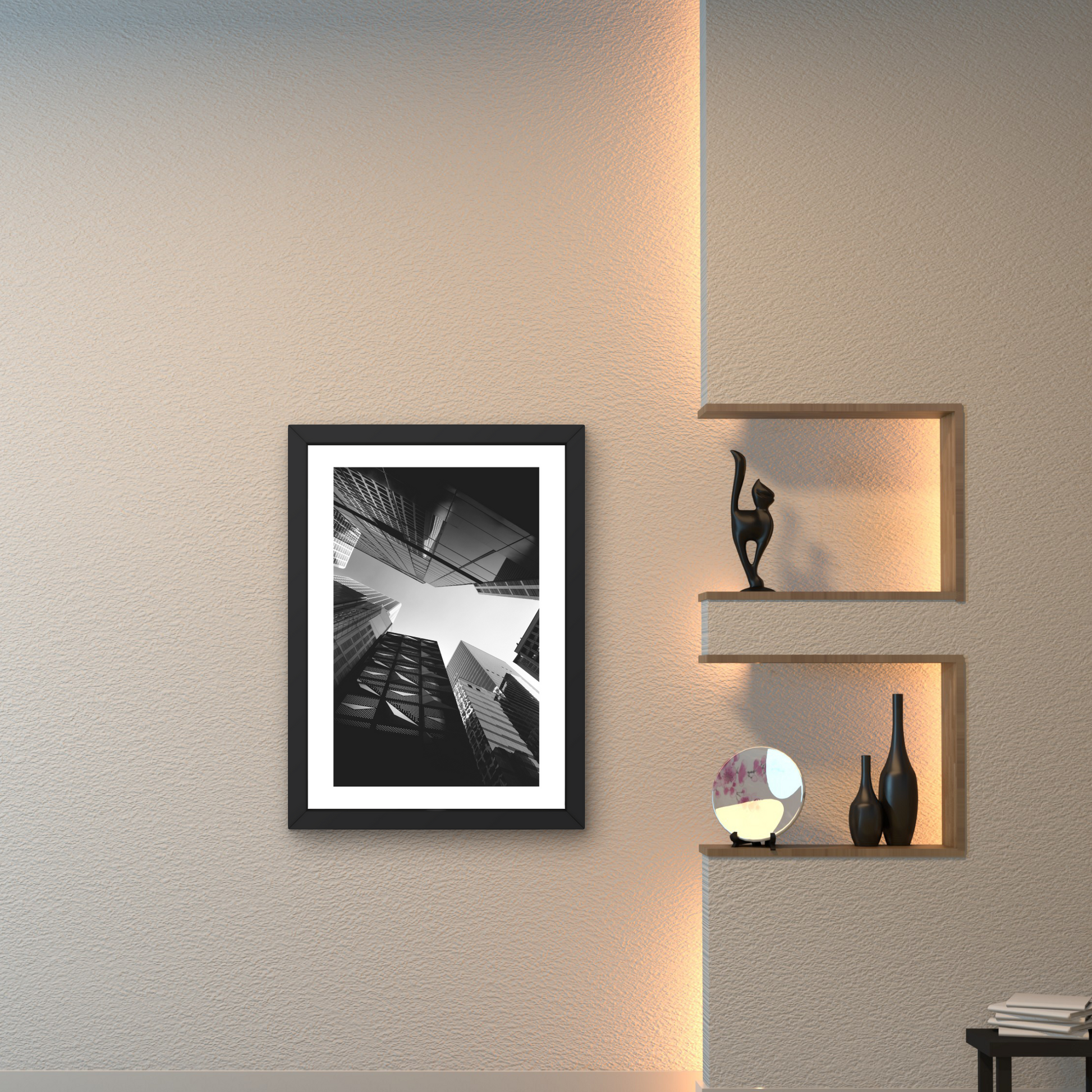 Framed modern wall art featuring a cityscape tapestry in black and white.



