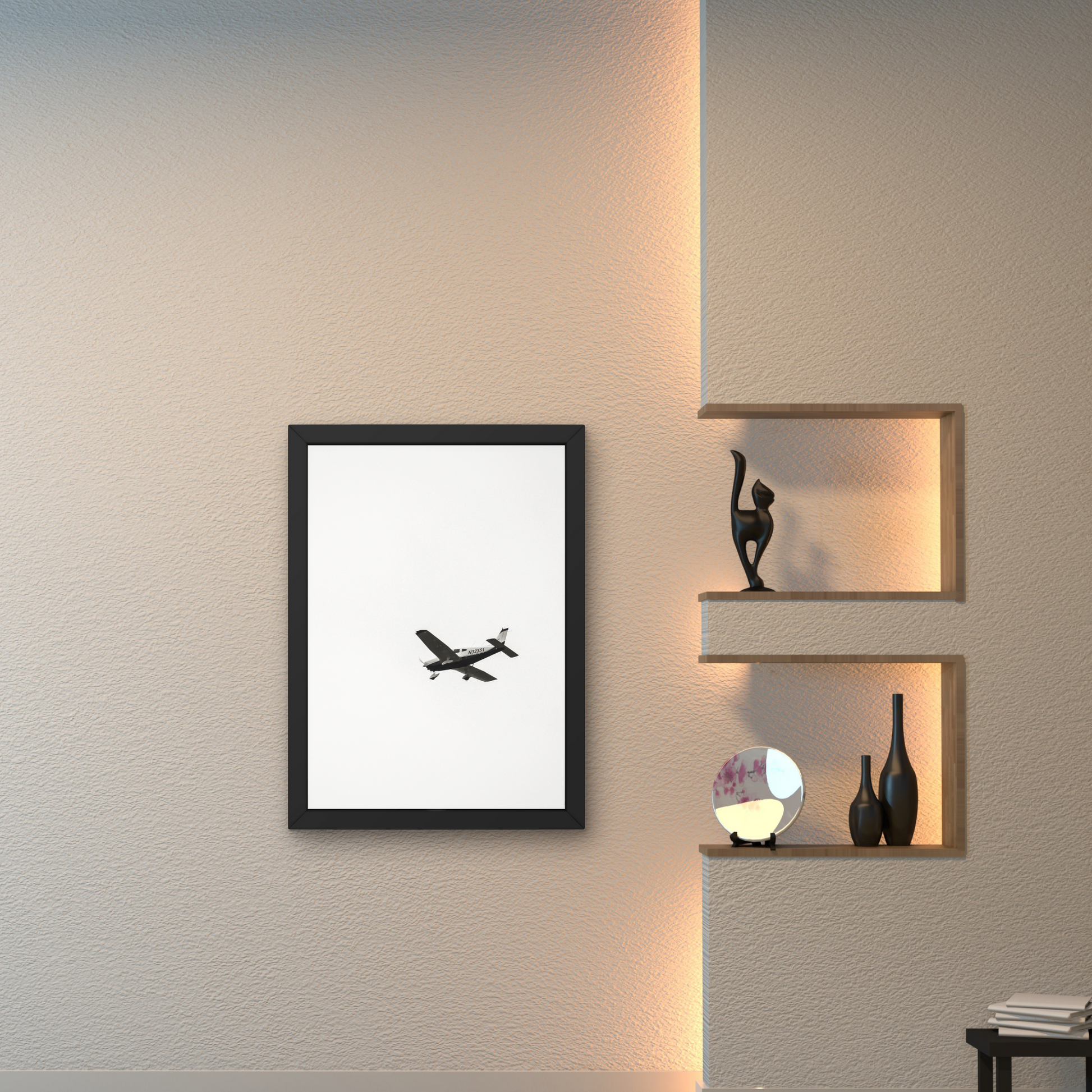 Minimalist wall art featuring an airplane in mid-air against a white background."




