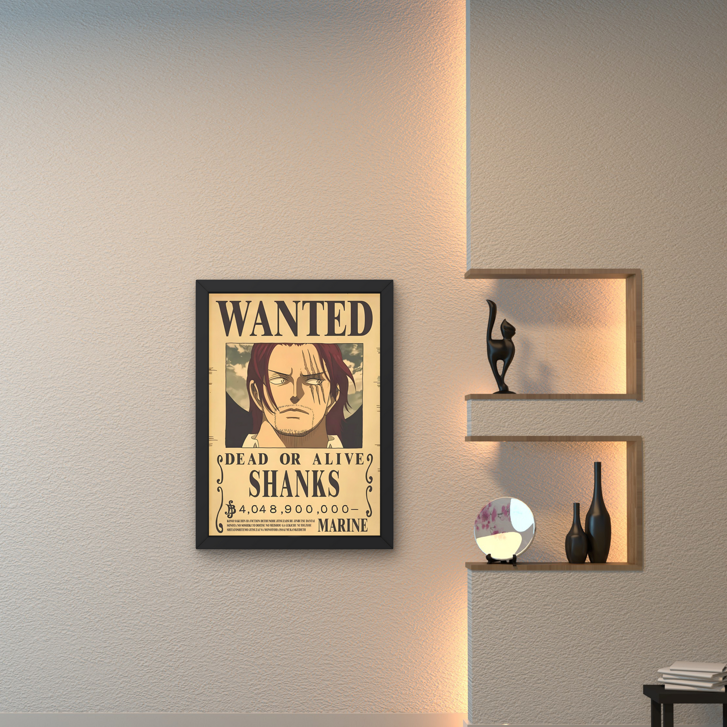 Framed wall art featuring Shanks' wanted poster from One Piece, ideal for anime wall decor and modern wall poster design for bedrooms or living rooms.