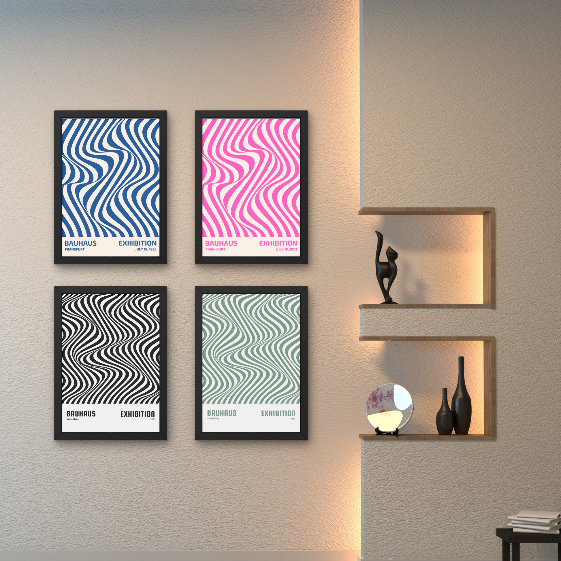 "Set of four Bauhaus exhibition posters with wavy abstract patterns, available in black, blue, pink, and green



