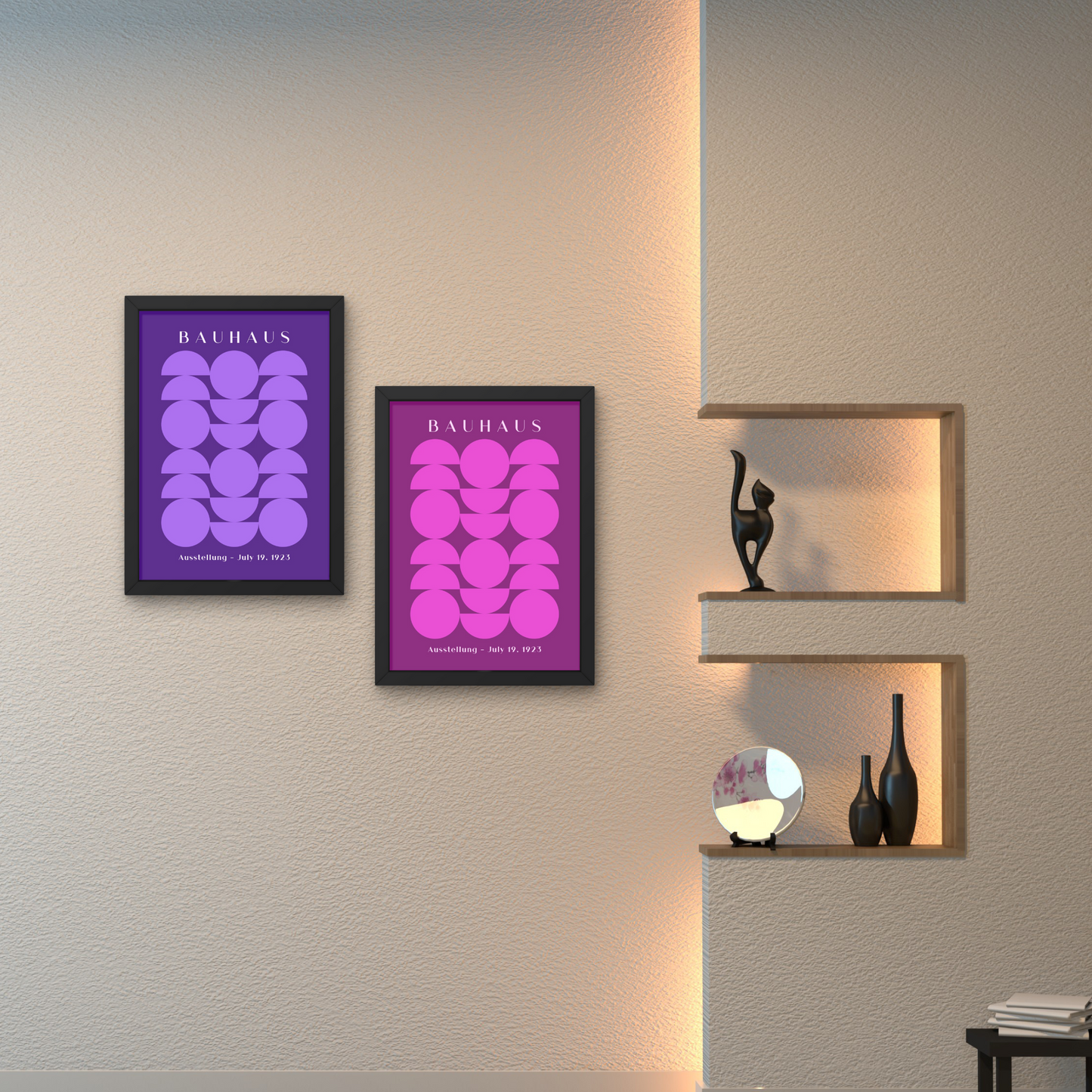 Pair of Bauhaus-inspired abstract art posters in purple and pink, perfect for adding a vibrant touch to any wall.



