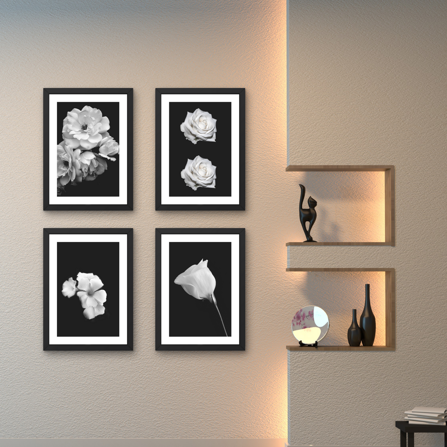 Set of four minimalist floral wall art pieces in black and white, ideal for home decor.



