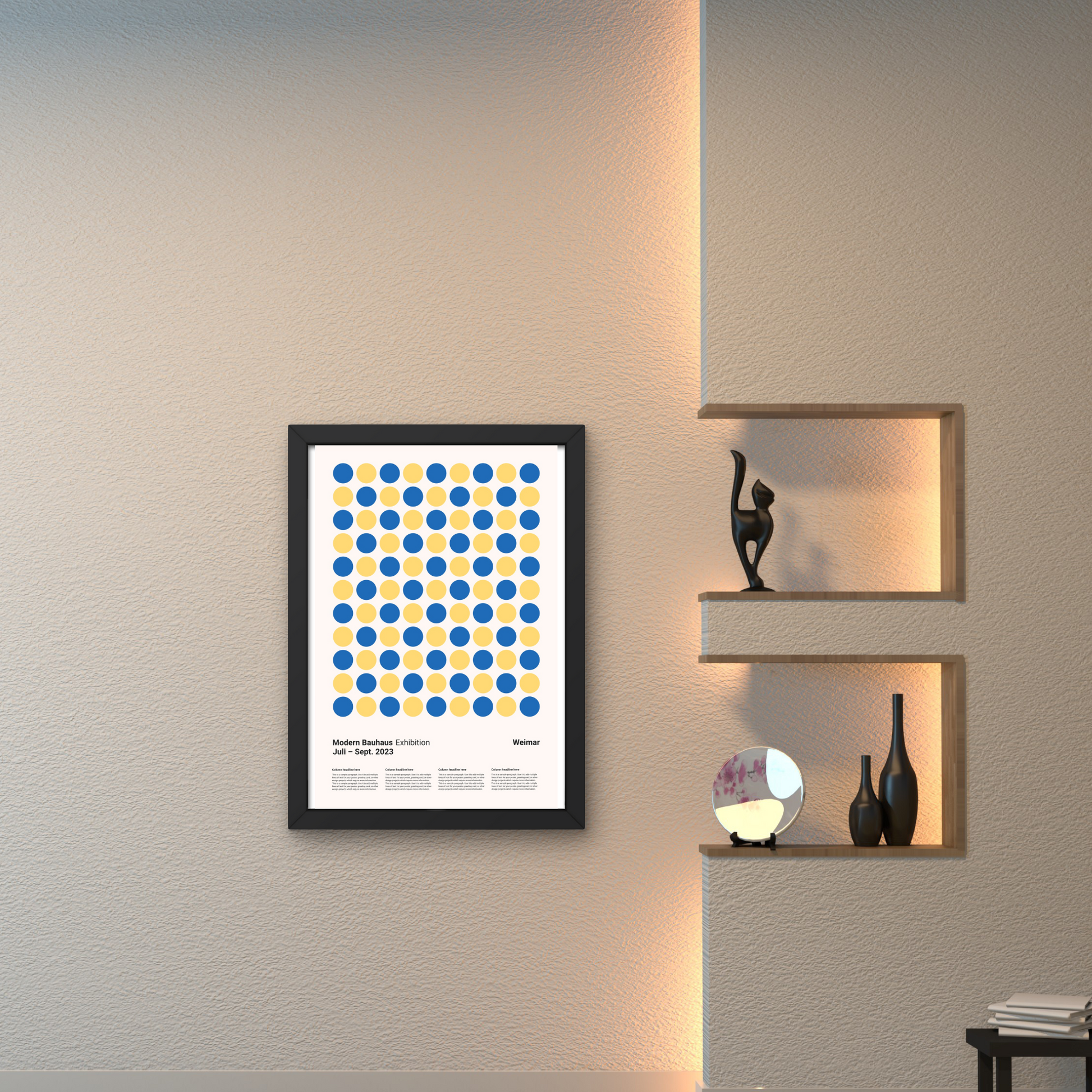 Framed modern wall art with a geometric pattern of yellow and blue dots, perfect for contemporary home wall decor.



