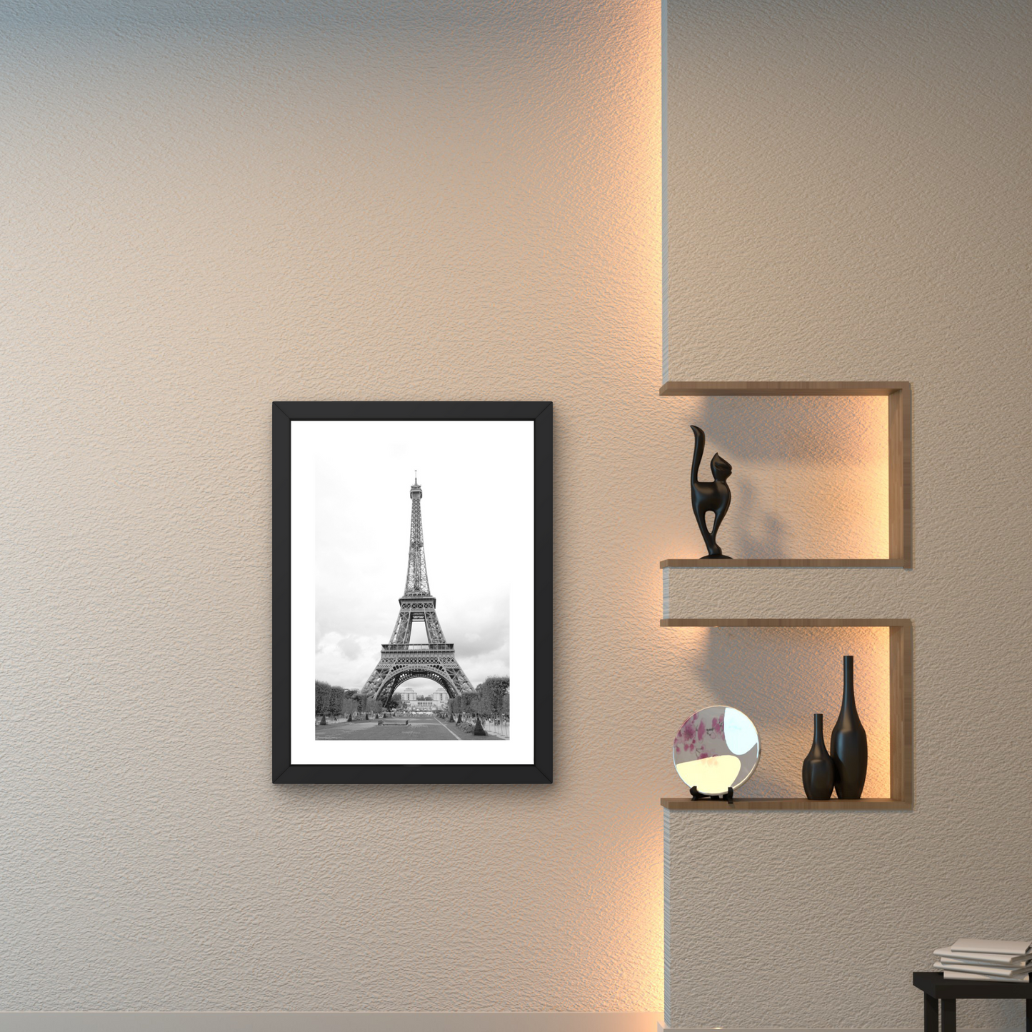 Classic black and white framed wall art of the Eiffel Tower, capturing its timeless elegance.



