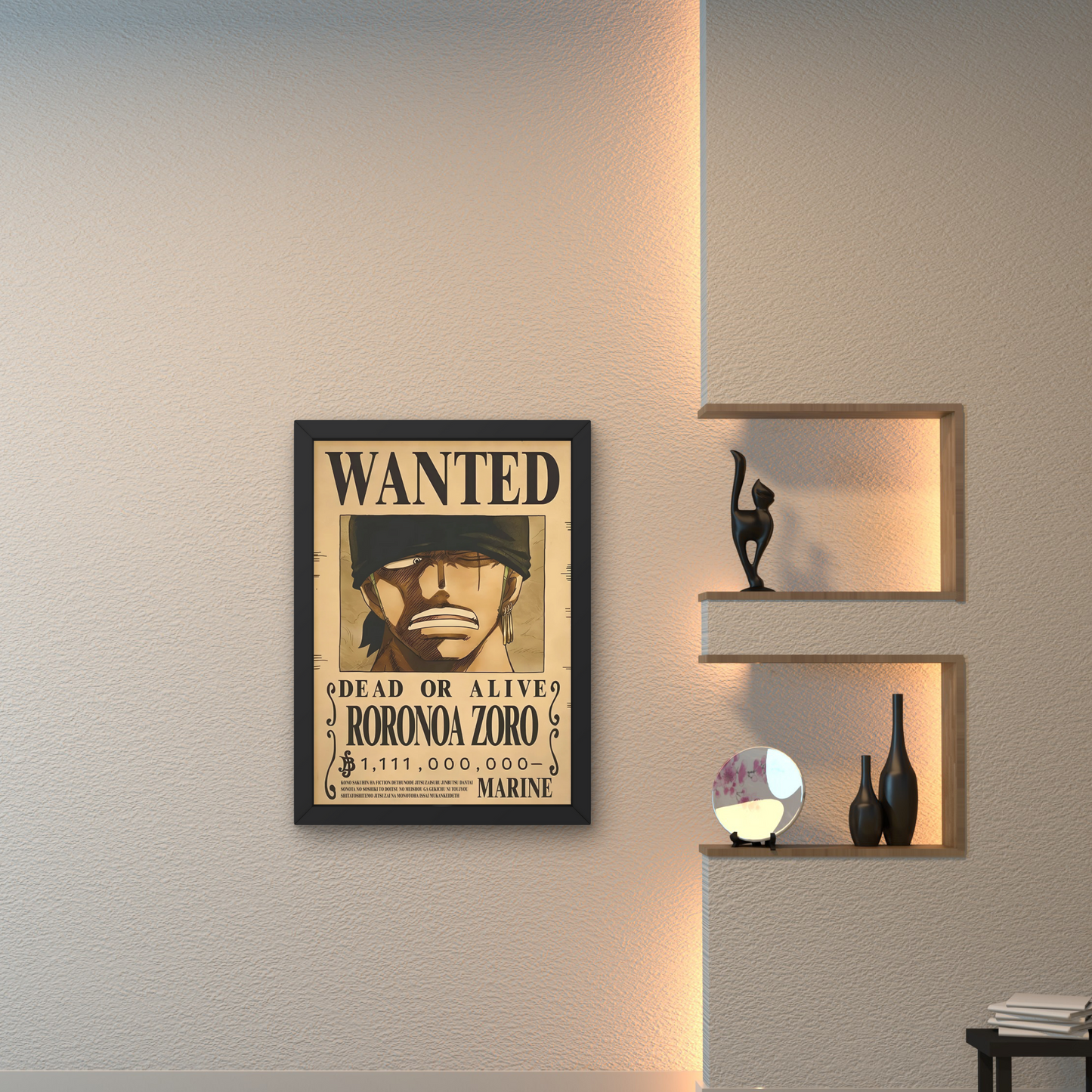 Framed wall art featuring Roronoa Zoro's wanted poster from One Piece, perfect for anime wall decor and modern wall poster design for bedrooms or living spaces.