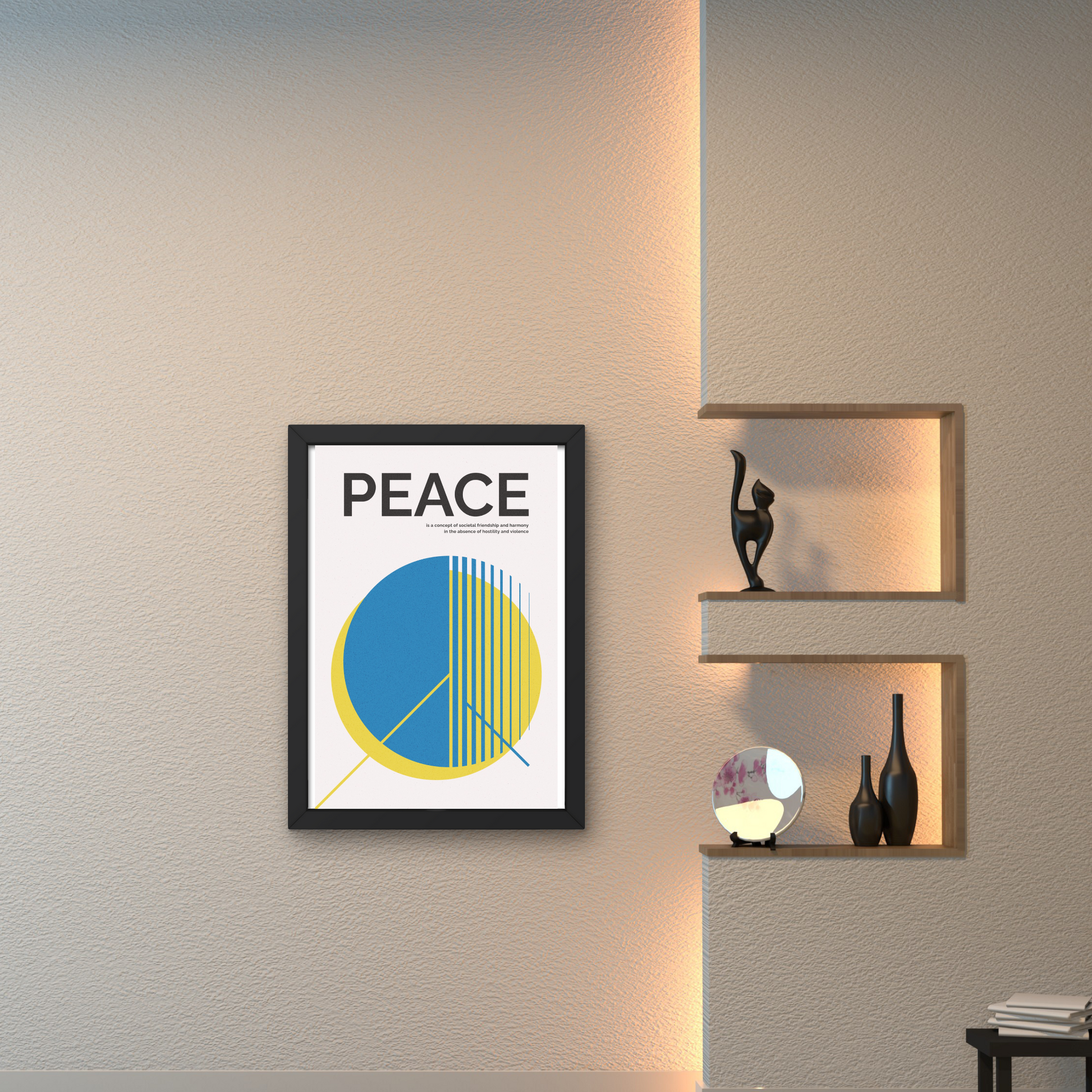 Minimalist wall art featuring a peace symbol in blue and yellow, framed for contemporary wall design.



