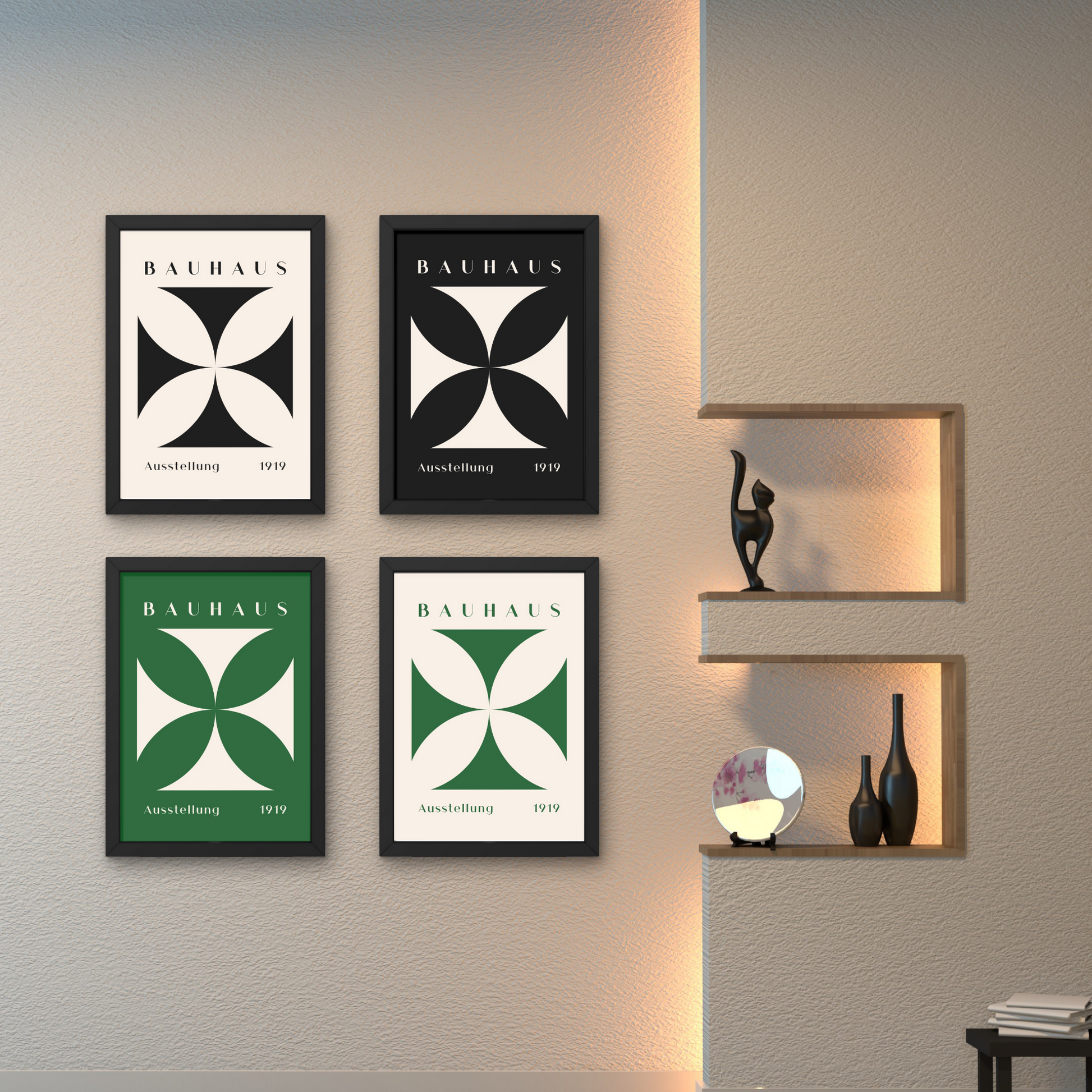 Set of four minimalist Bauhaus posters featuring bold geometric shapes in black, white, and green, perfect for eco-inspired wall art design.



