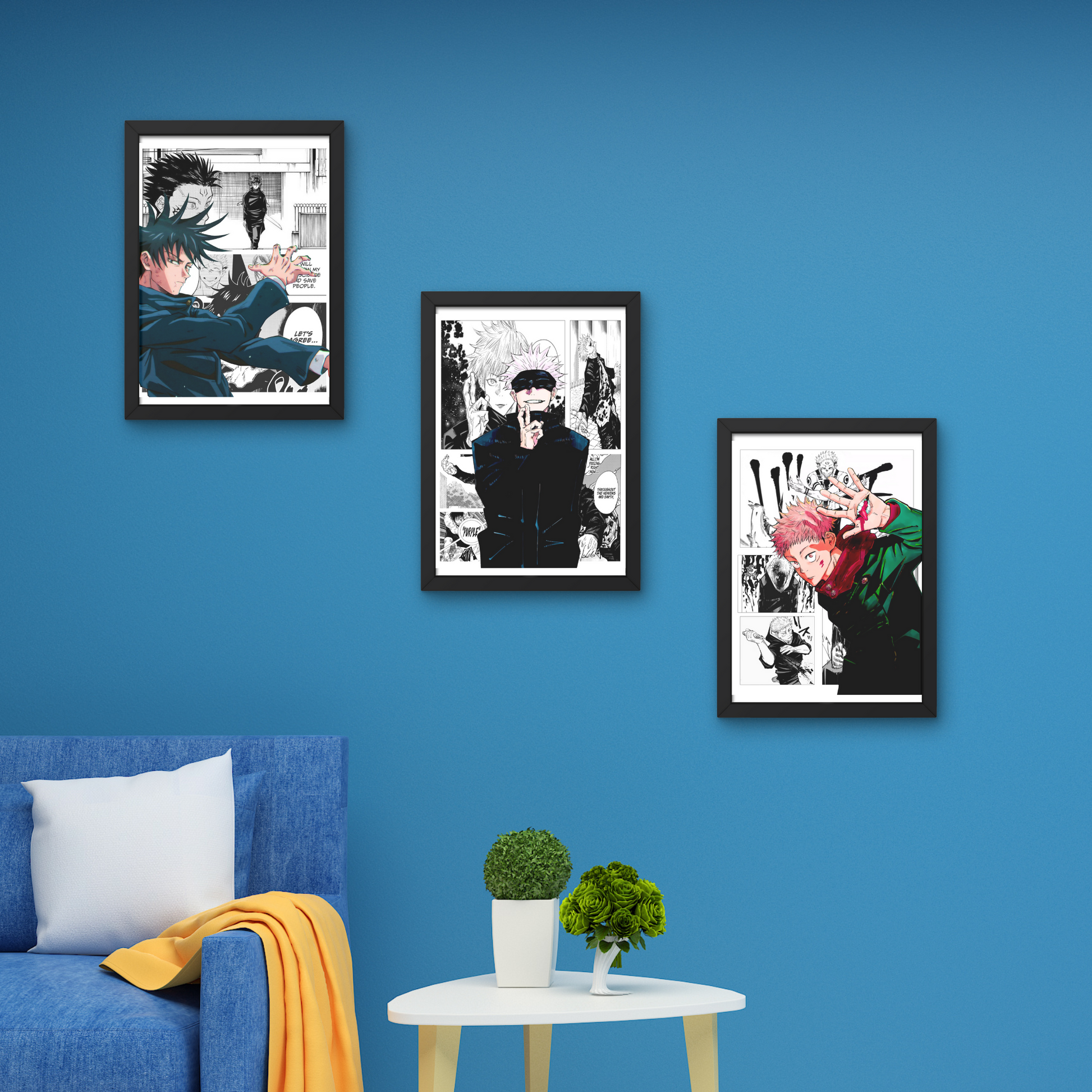 Framed anime wall art set featuring characters from Jujutsu Kaisen, ideal for modern anime wall decor and stylish wall designs for bedrooms and living spaces.