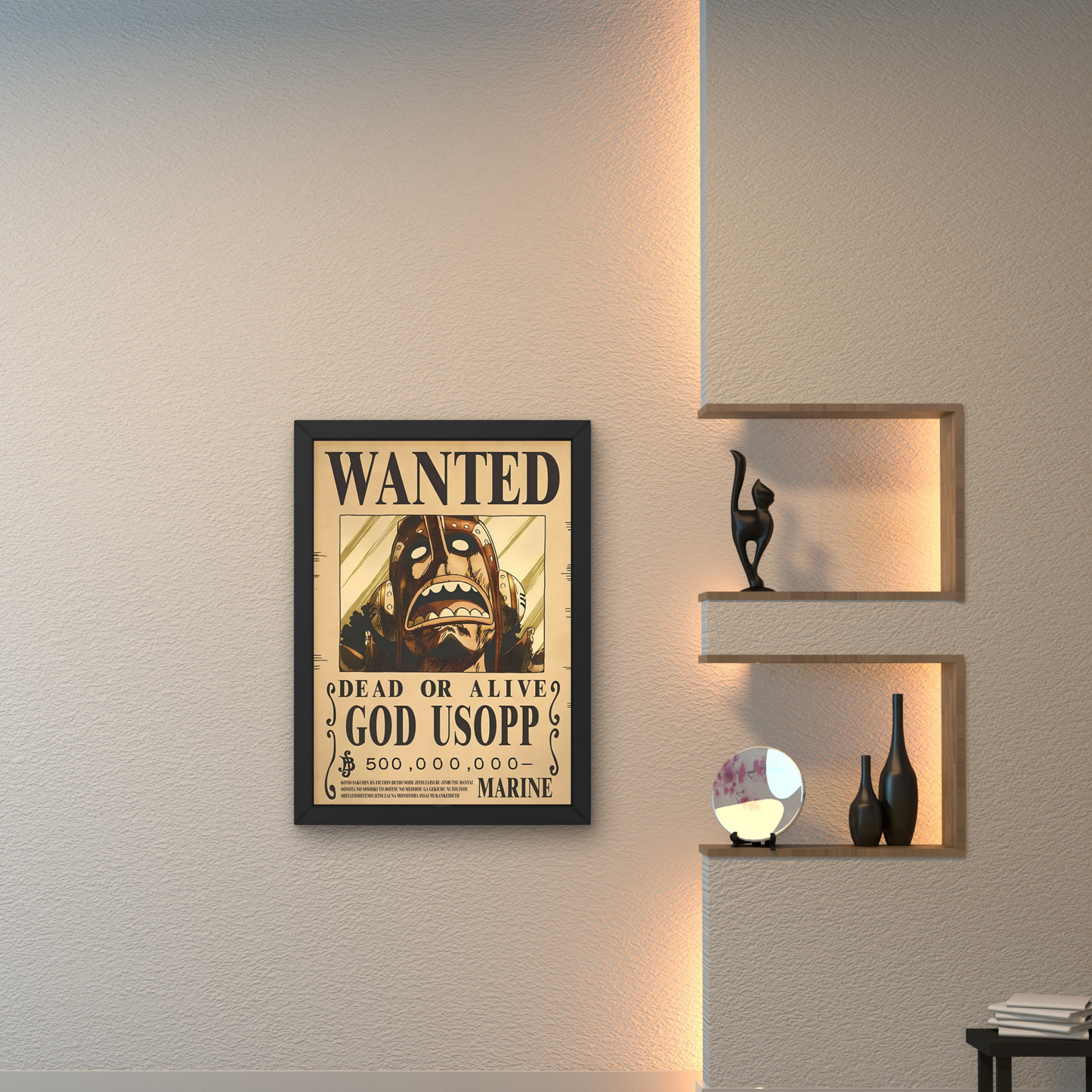 Framed wall art featuring God Usopp's wanted poster from One Piece, ideal for anime wall decor and modern wall poster design for bedrooms or living spaces.