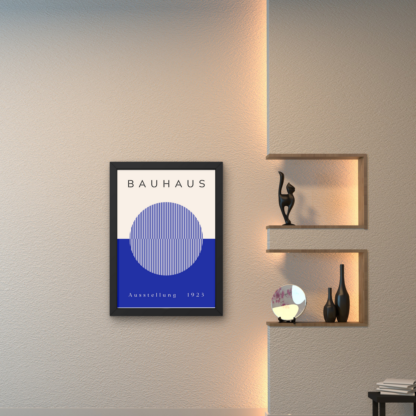 Bauhaus exhibition poster in blue and white with an abstract circle design, framed for contemporary wall decoration.



