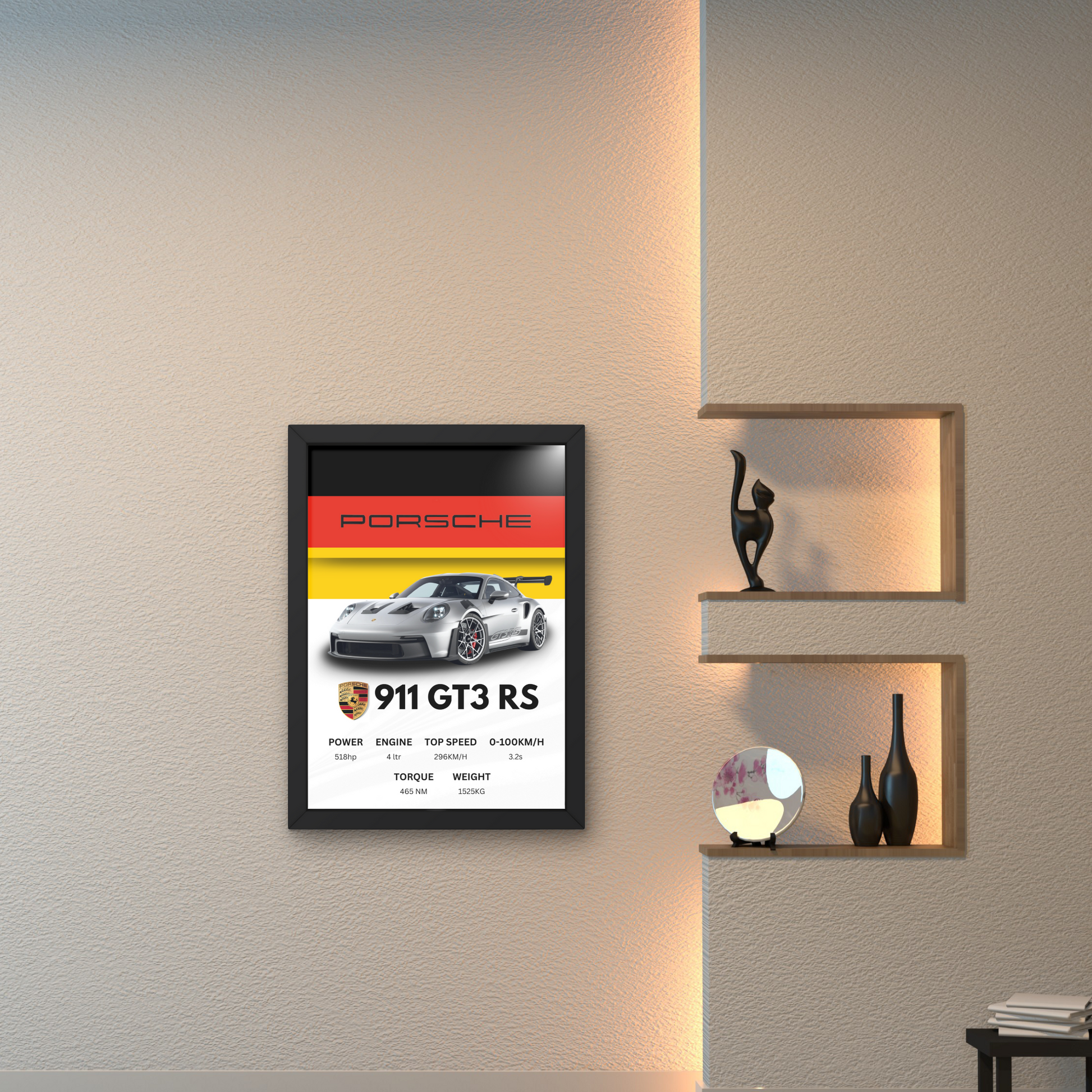 Porsche 911 GT3 RS wall art poster with performance specifications, ideal for modern wall decor in car enthusiast spaces.