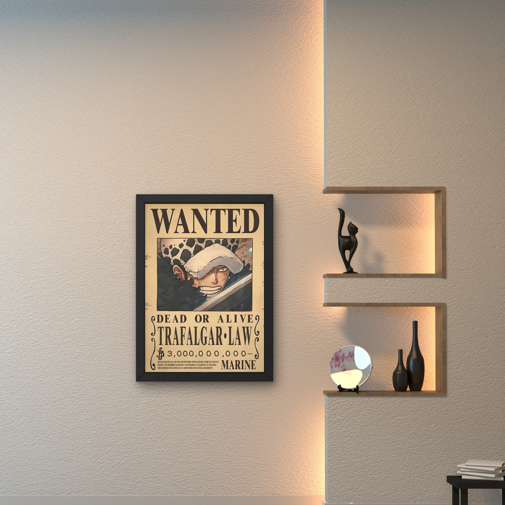 Framed wall art featuring Trafalgar Law's wanted poster from One Piece, perfect for anime wall decor and modern wall poster design for bedrooms or living spaces.