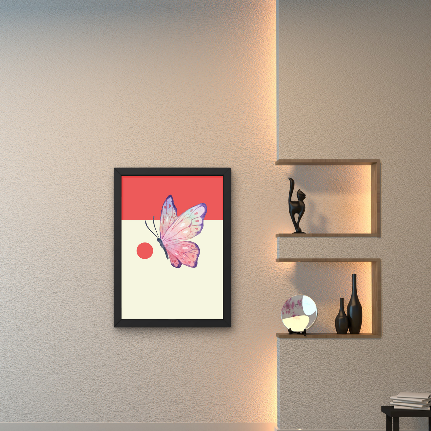 Framed wall art featuring a colorful butterfly on a minimal background, perfect for modern home decor, from The Modern Curated Creations.