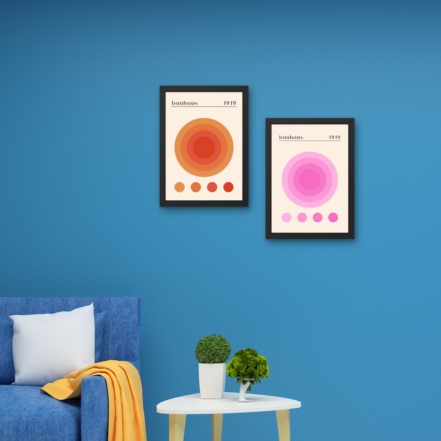 Set of two Bauhaus abstract art prints featuring circular designs in warm orange and pink tones, framed for modern wall decor.




