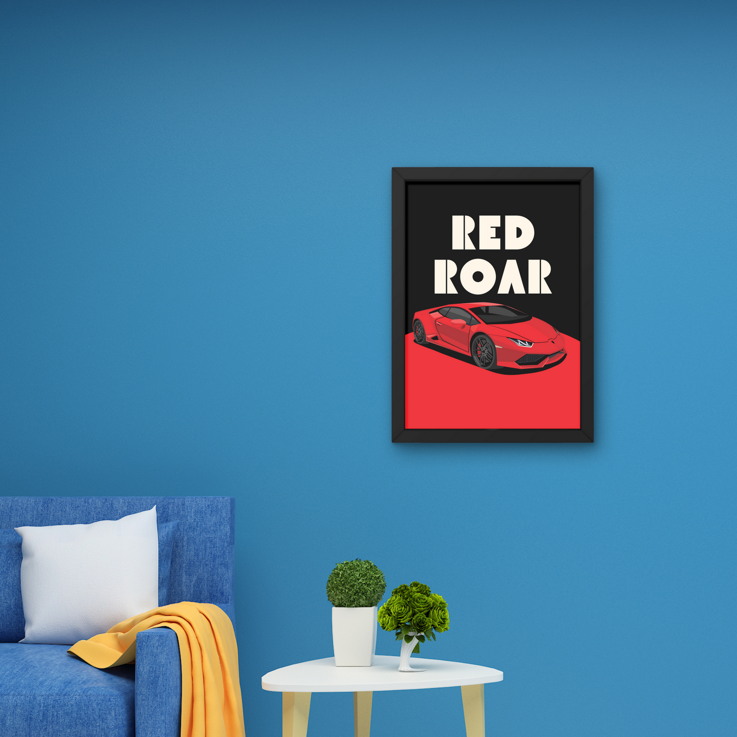 Red sports car artwork titled 'Red Roar,' designed as modern wall art for automotive enthusiasts, perfect for wall decor or wall posters in contemporary spaces.