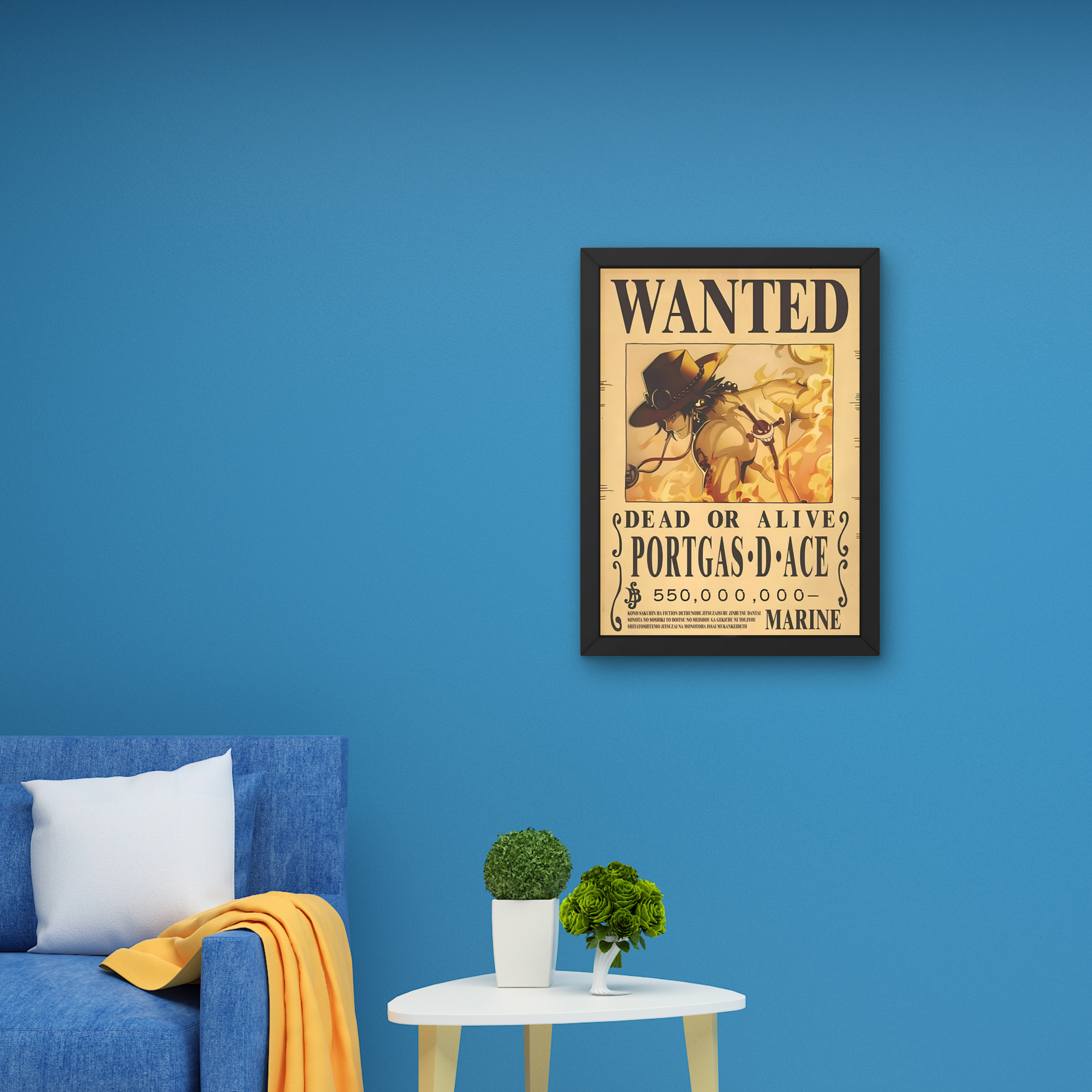 Framed wall art featuring Portgas D. Ace's wanted poster from One Piece, perfect for anime wall decor and modern wall poster design for living spaces