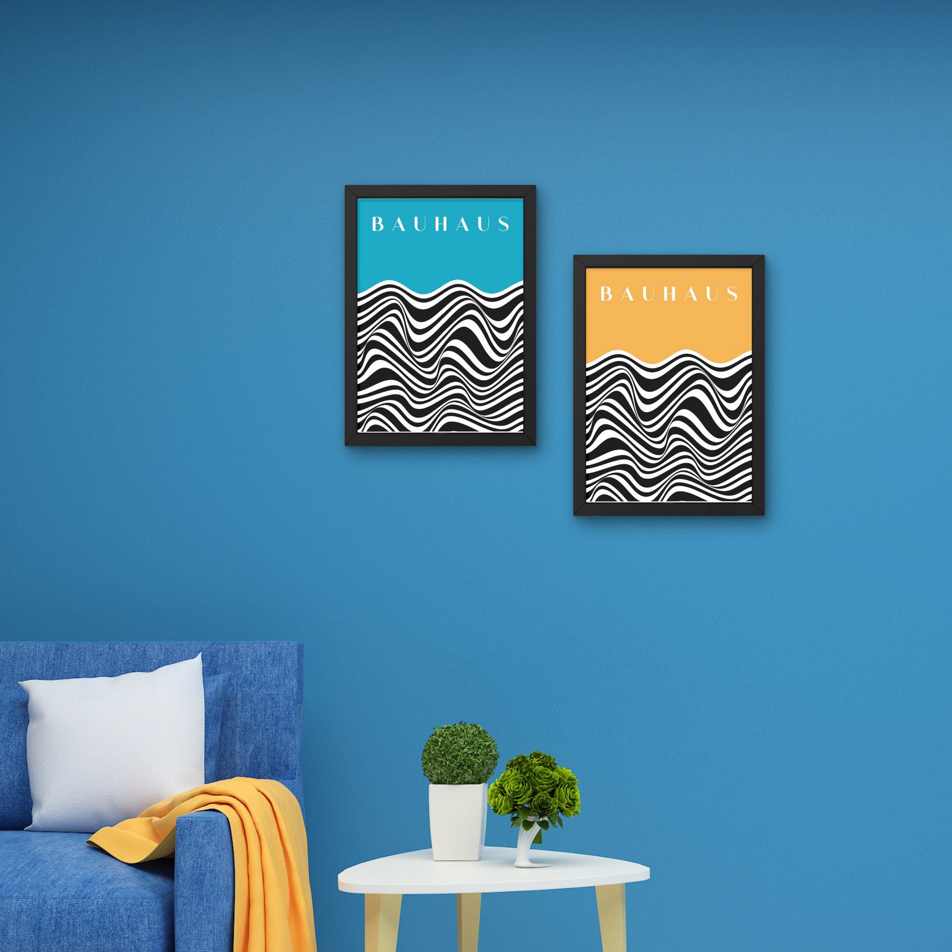 Two Bauhaus art prints featuring abstract wave patterns in blue and yellow, framed for contemporary wall design.



