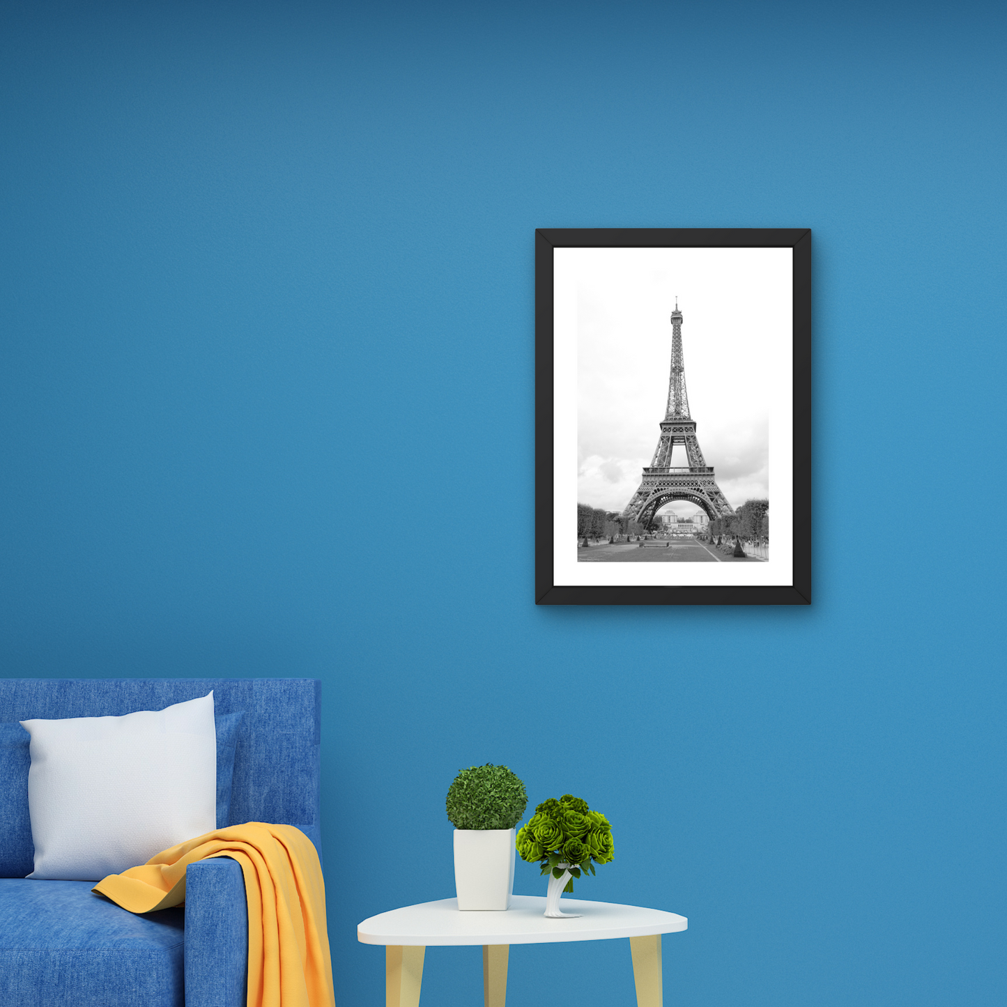 Classic black and white framed wall art of the Eiffel Tower, capturing its timeless elegance.



