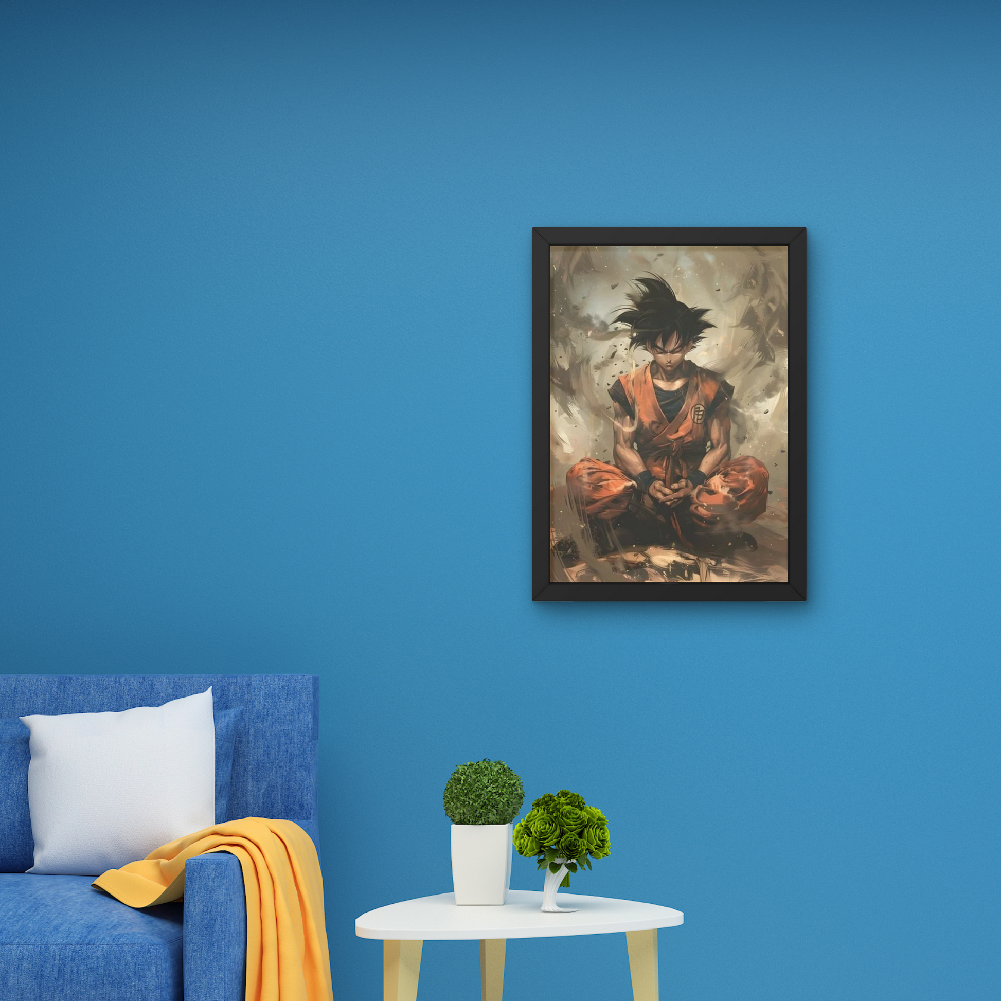 Framed anime wall art of Goku from Dragon Ball, featuring a dynamic and intense design, ideal for modern wall decor, anime wall posters, and personalized room decorations