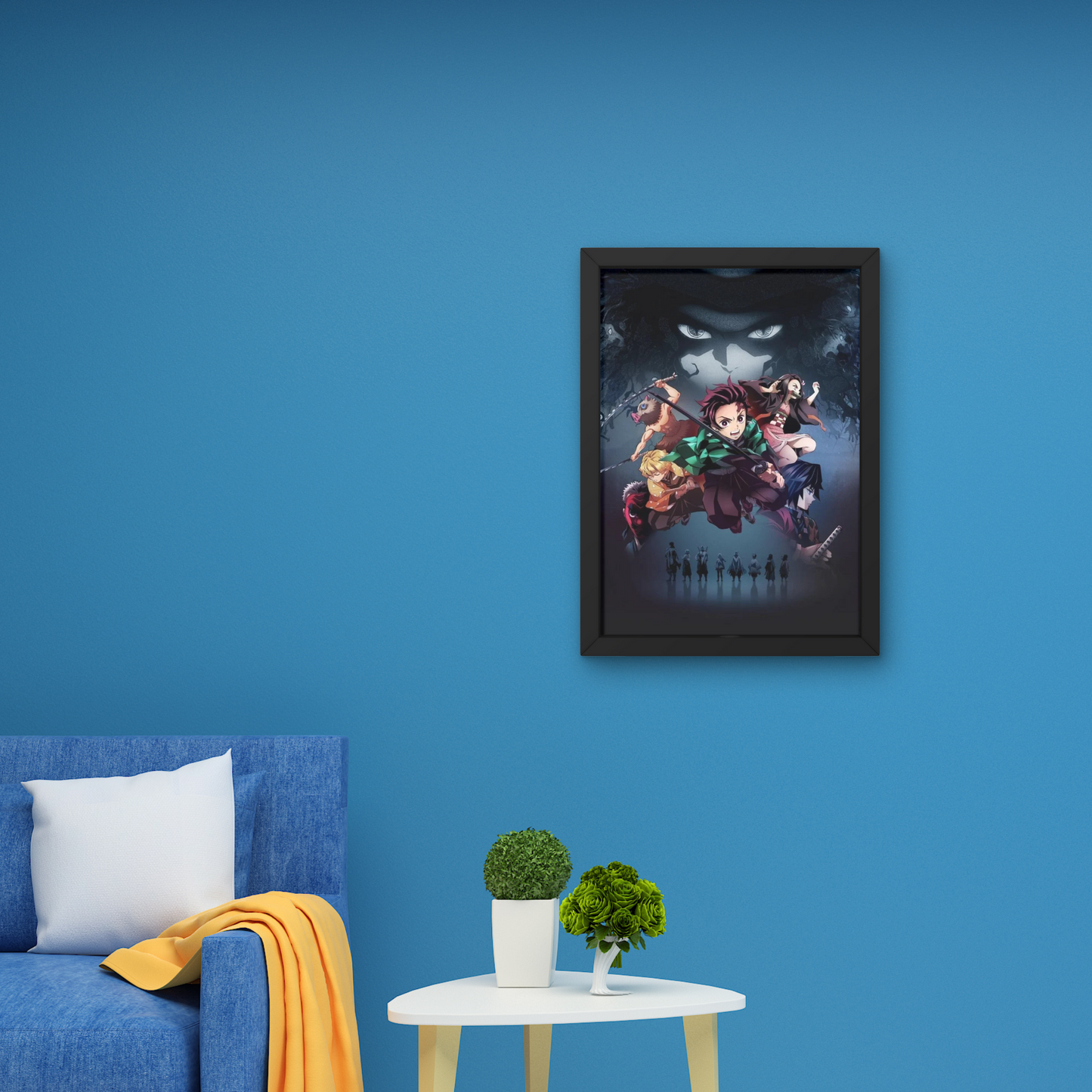 Framed anime wall art featuring characters from Demon Slayer, perfect for modern wall decor and bedroom design, with vibrant colors and unique wall poster design.