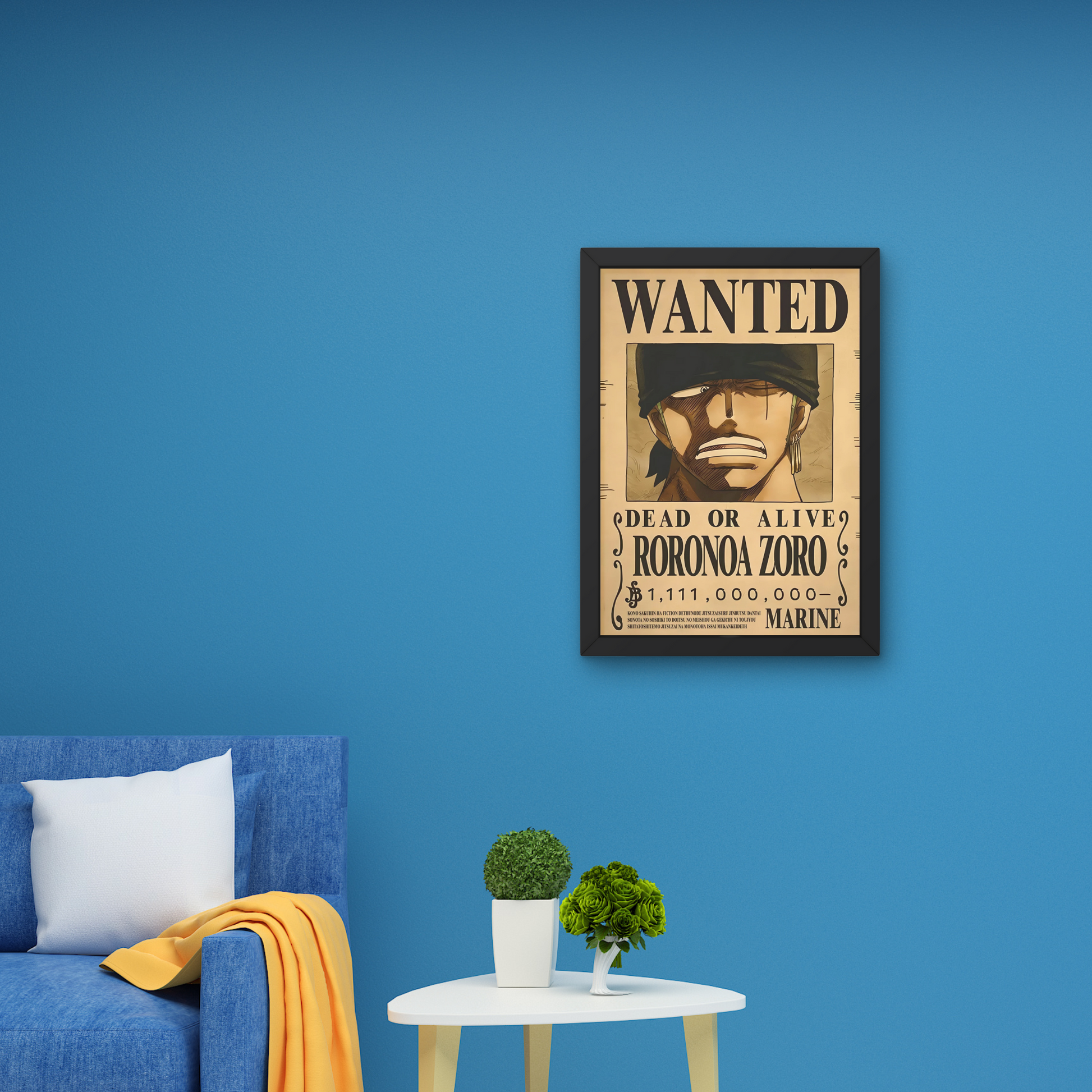 Framed wall art featuring Roronoa Zoro's wanted poster from One Piece, perfect for anime wall decor and modern wall poster design for bedrooms or living spaces.