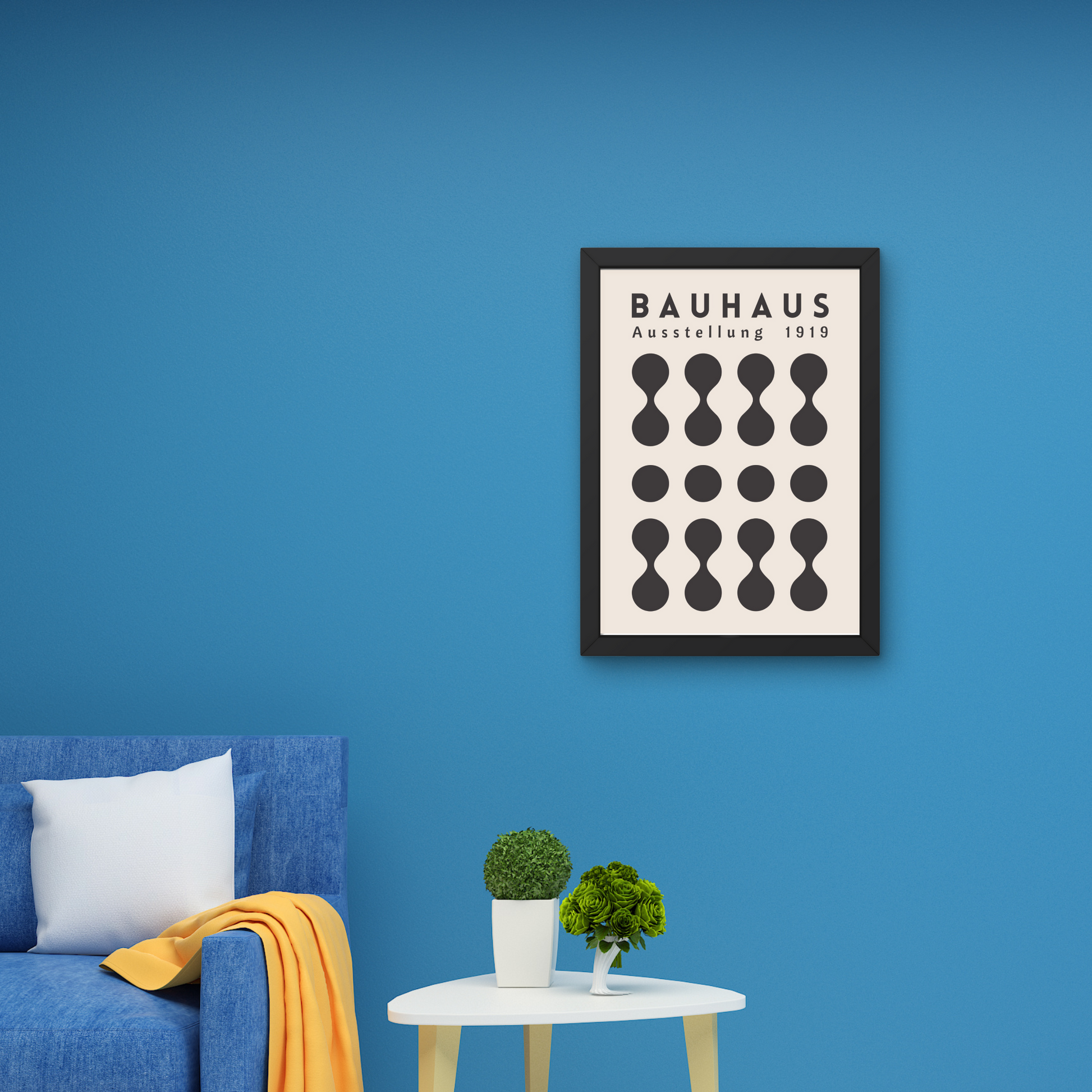 Minimalist Bauhaus exhibition poster in black and beige with abstract shapes, framed for modern wall decor.




