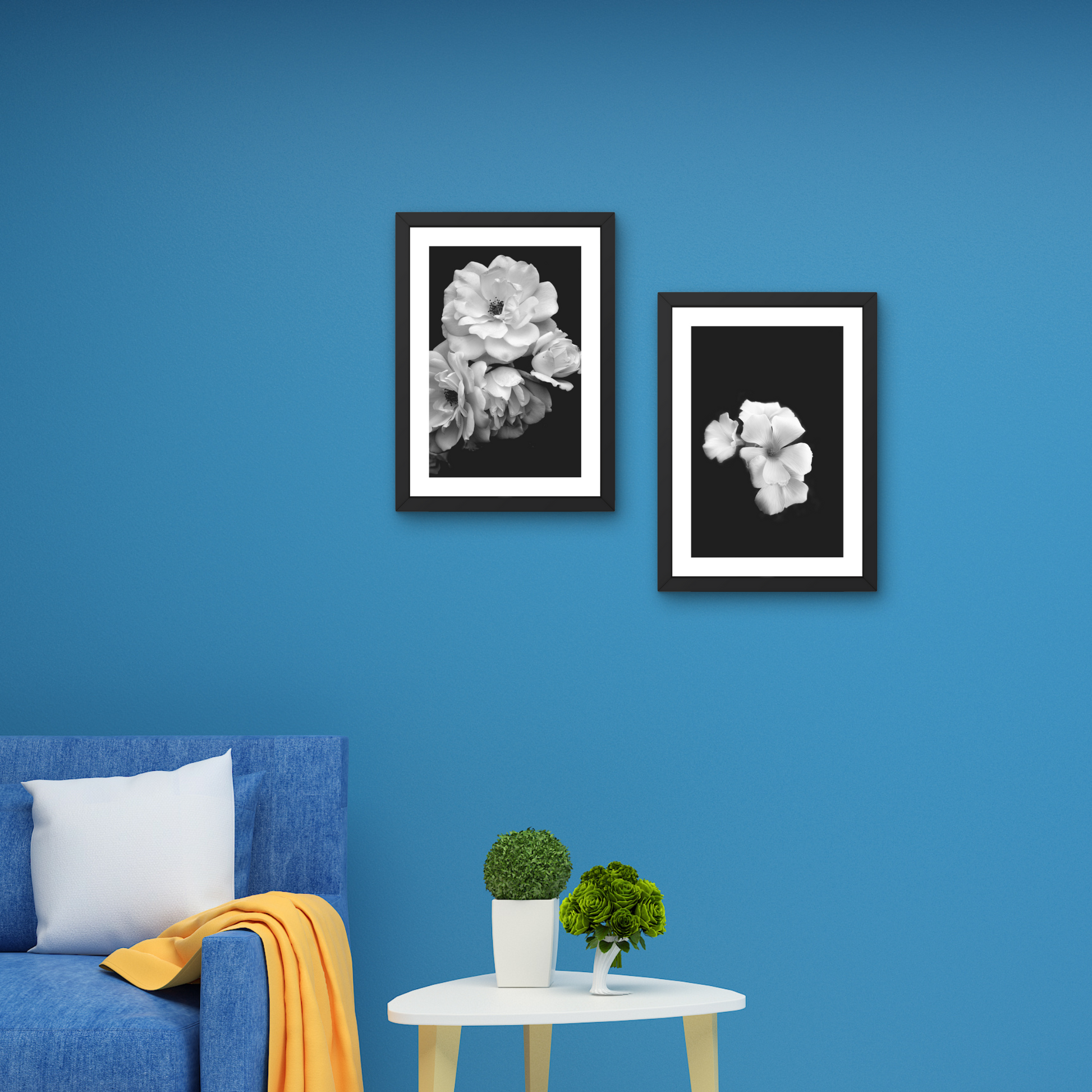 Elegant black and white floral wall art with soft petals against a dark background.



