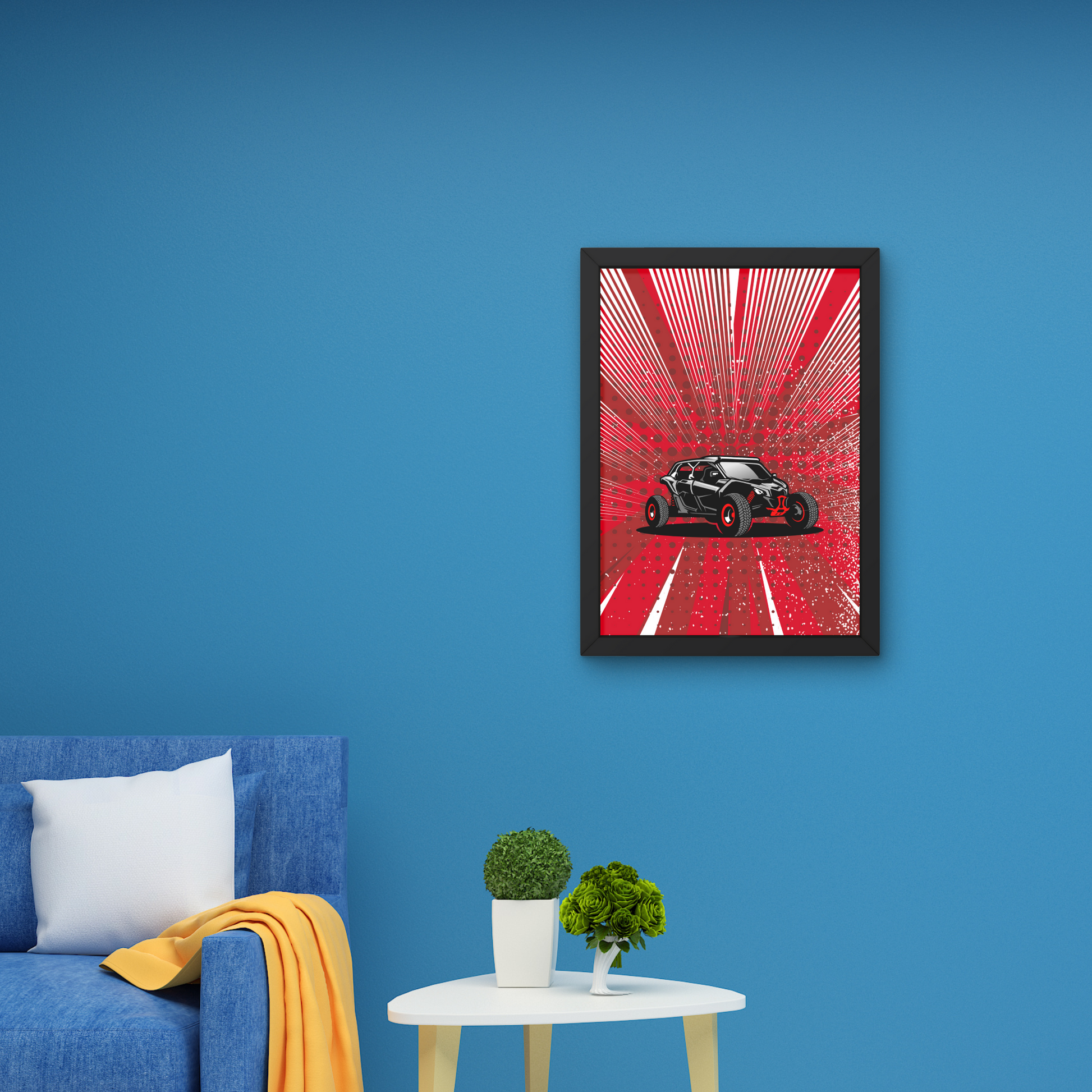 Dynamic wall art design featuring a black off-road vehicle on a red abstract background, perfect for modern wall decor or as a bold wall poster for automotive enthusiasts.