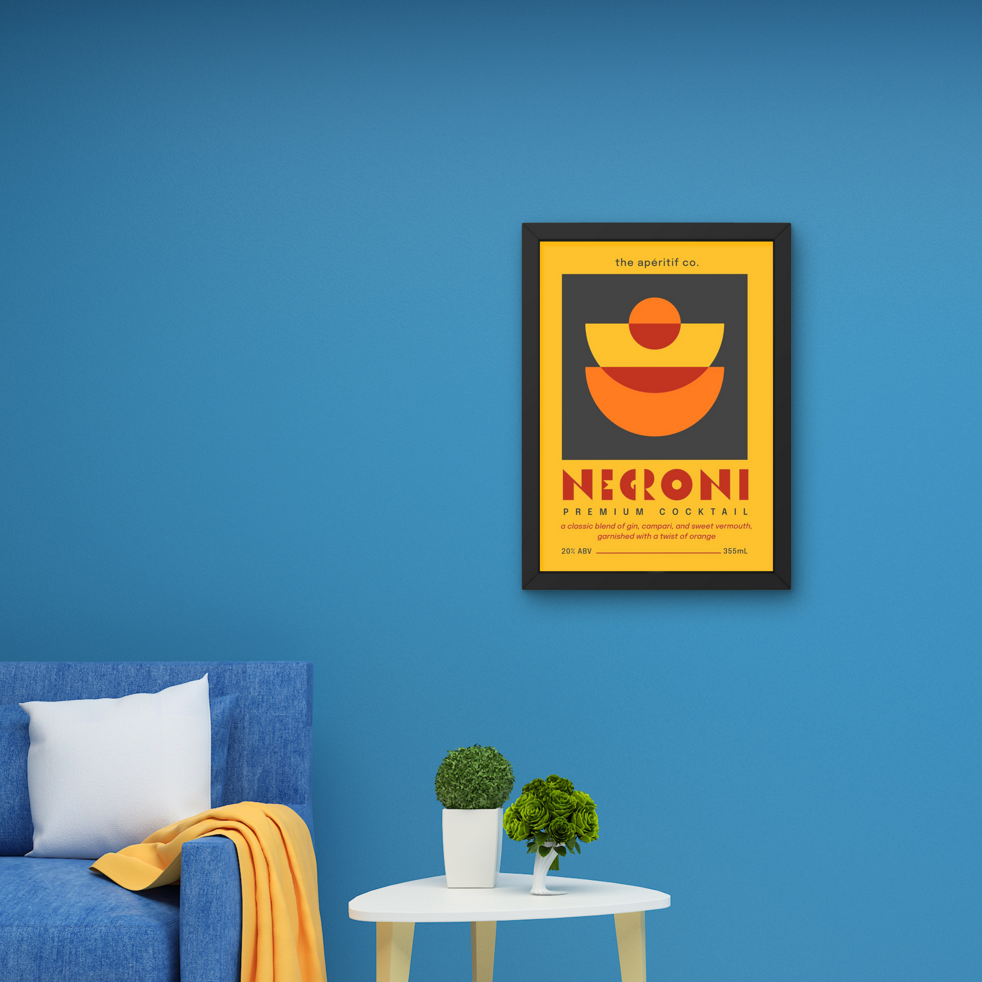 Bold retro-style wall art poster in orange and yellow, showcasing a Negroni cocktail design for a unique wall accent.



