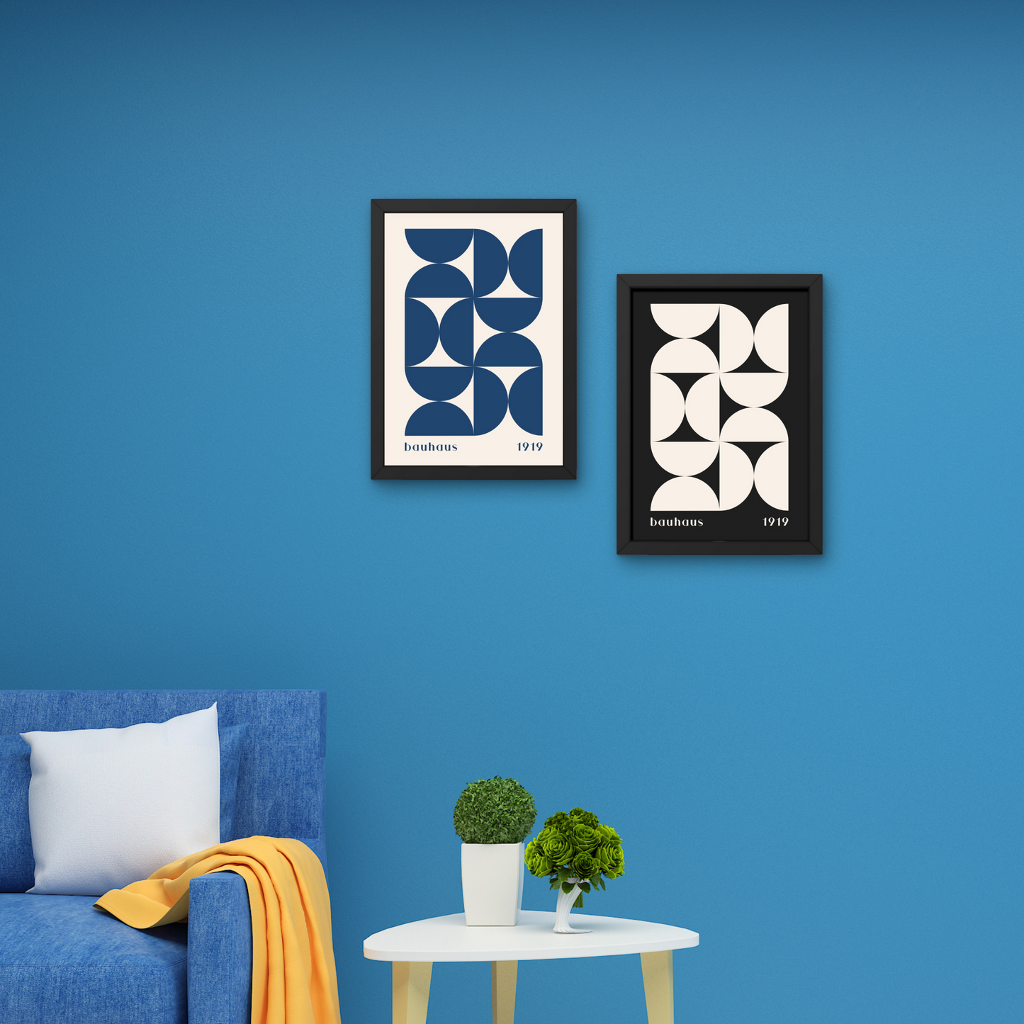 Pair of Bauhaus black and blue geometric wall art prints with framed abstract designs, perfect for modern wall decor



