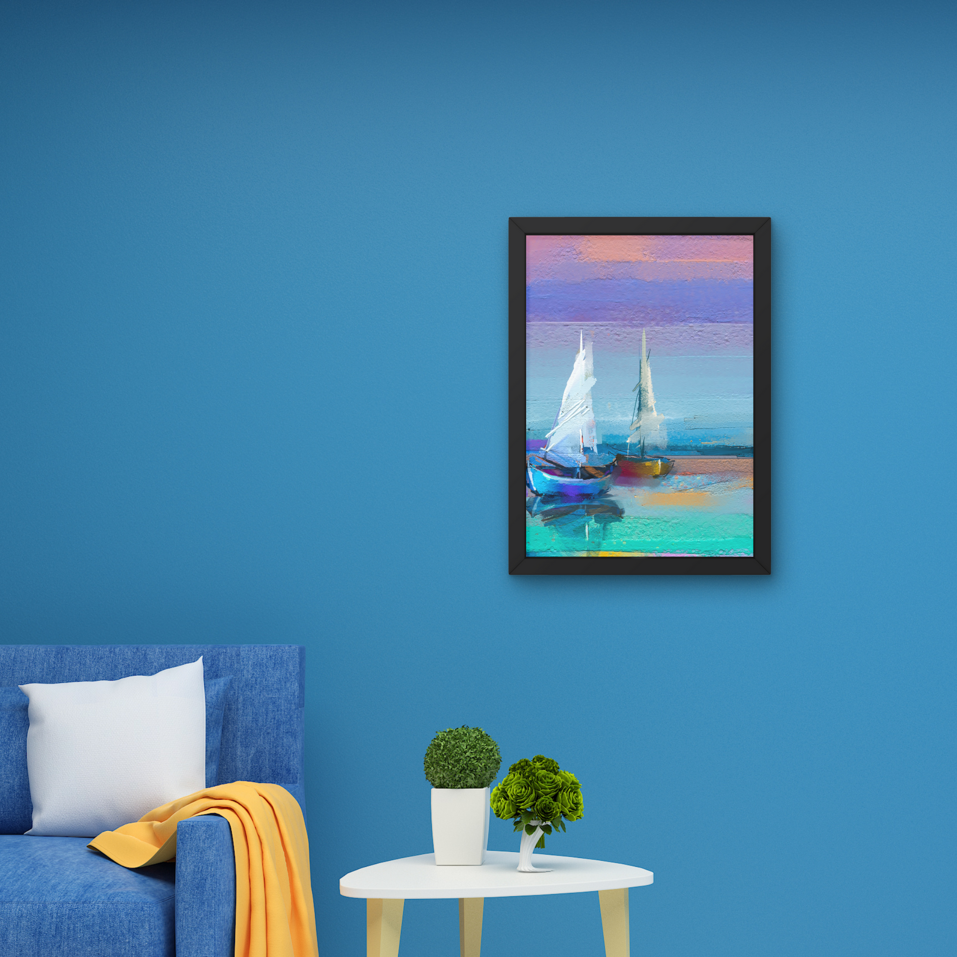 Framed abstract wall art of sailboats on calm water with colorful sky, ideal for modern home decor, from The Modern Curated Creations.