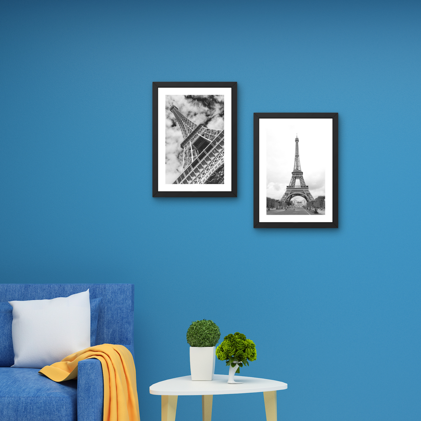 Framed wall art pair featuring iconic views of the Eiffel Tower in Paris.




