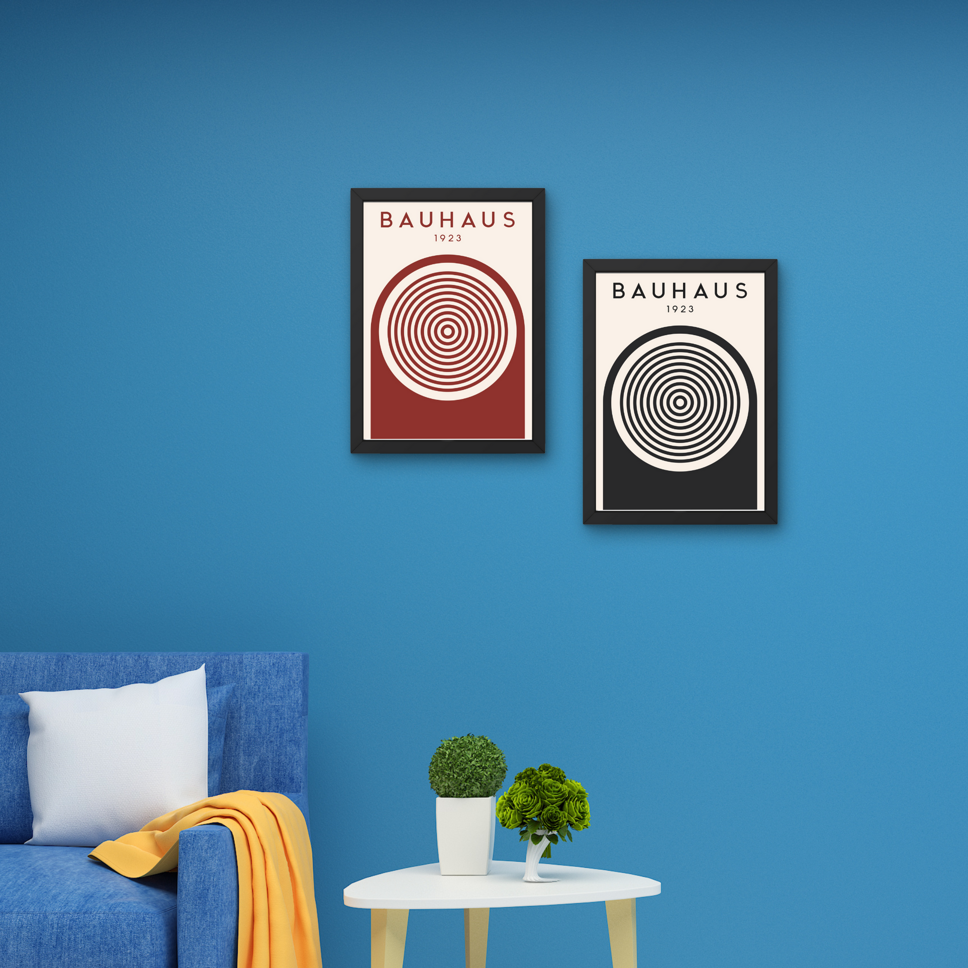 Pair of minimalist Bauhaus posters in black and red, featuring concentric circles for a striking wall art statement



