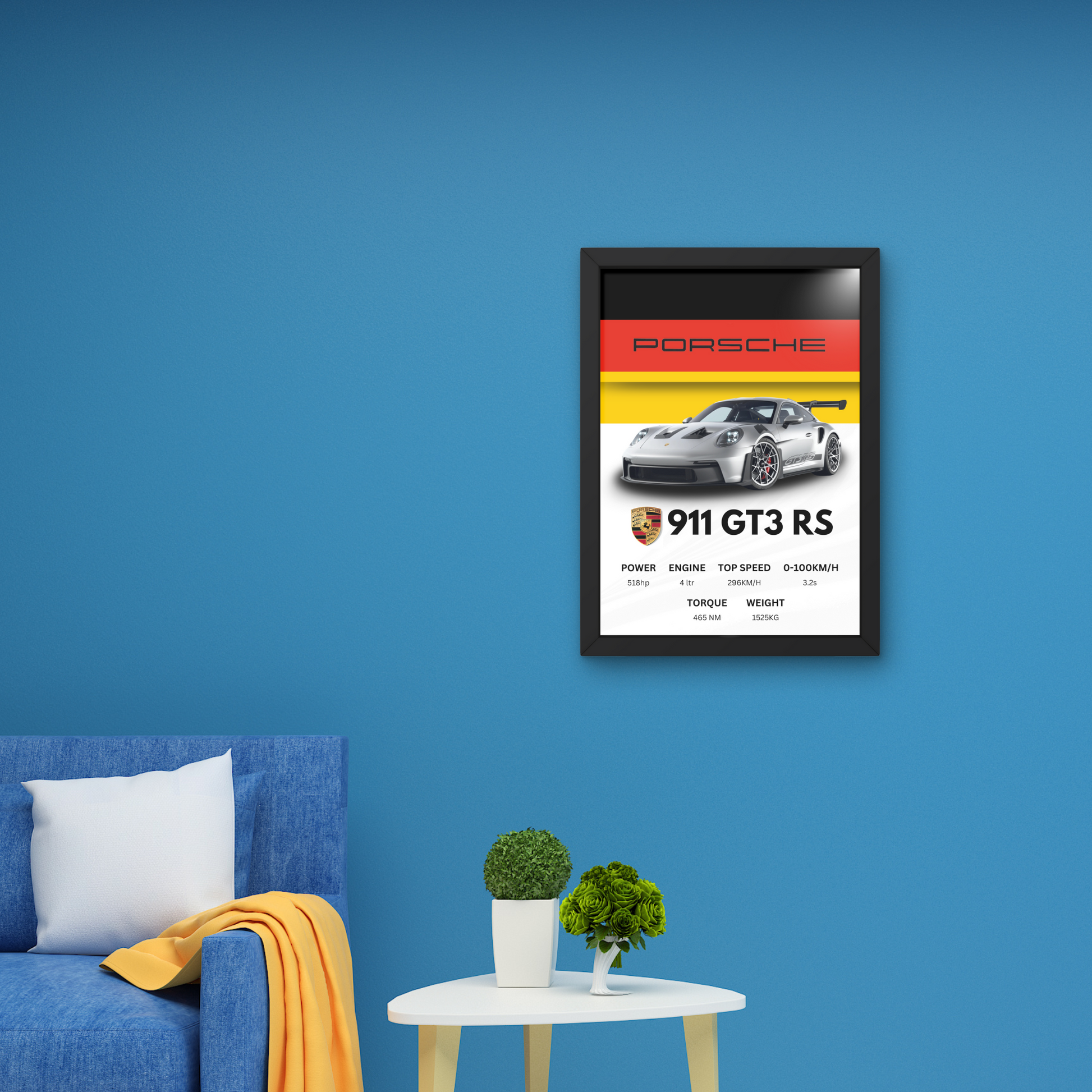 Porsche 911 GT3 RS wall art poster with performance specifications, ideal for modern wall decor in car enthusiast spaces.