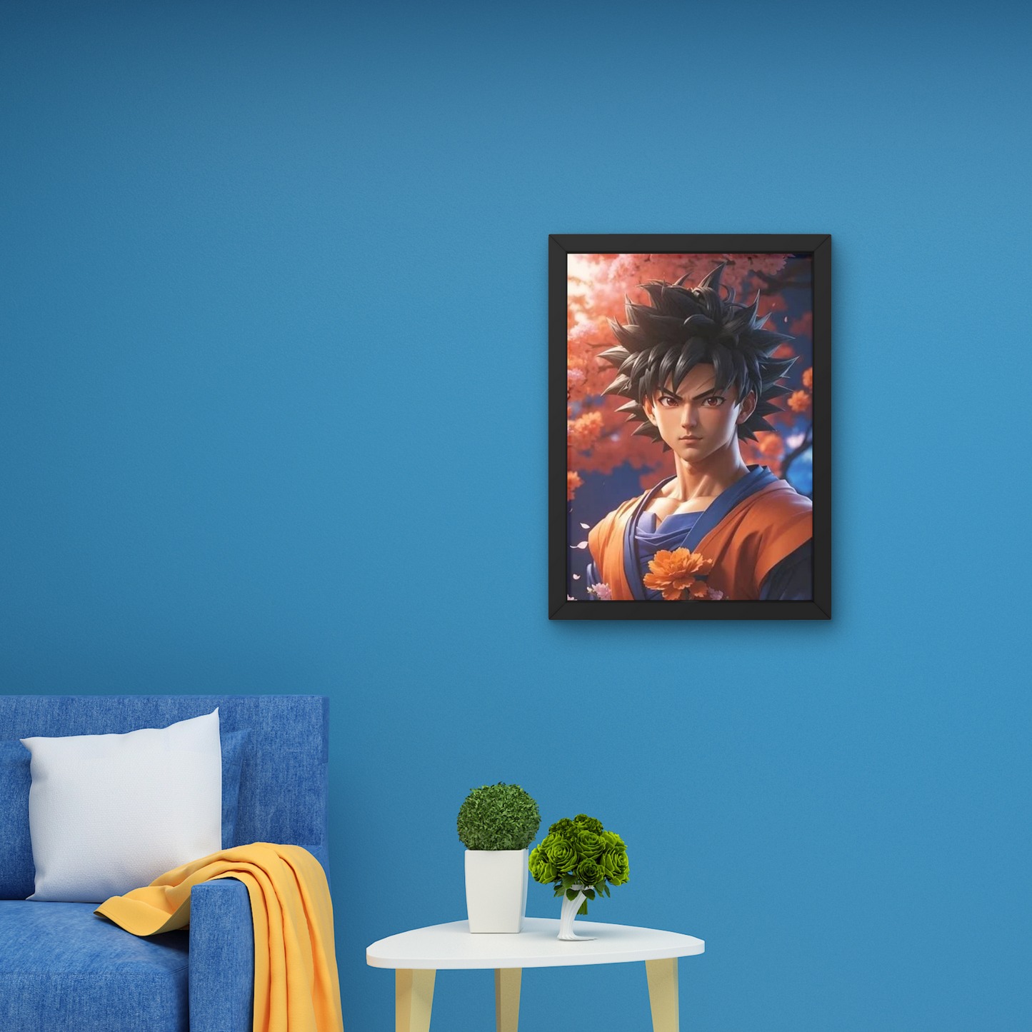 Framed anime wall art featuring Goku from Dragon Ball with a vibrant background, perfect for modern anime-themed wall decor and personalized room decoration.