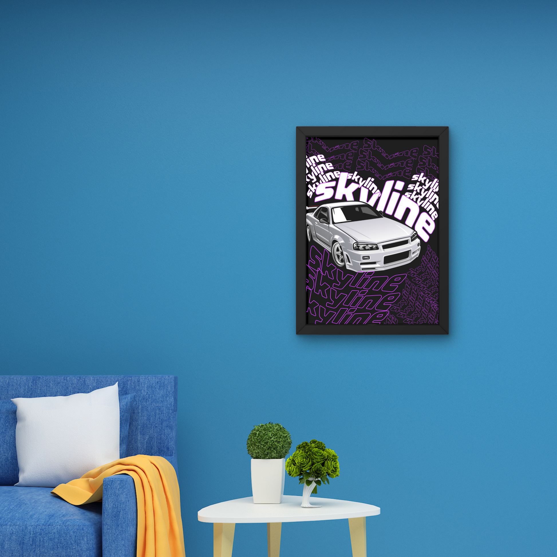 Graphic wall art featuring a silver Skyline sports car with repeated text, designed for modern wall decor or wall posters in automotive-themed spaces.