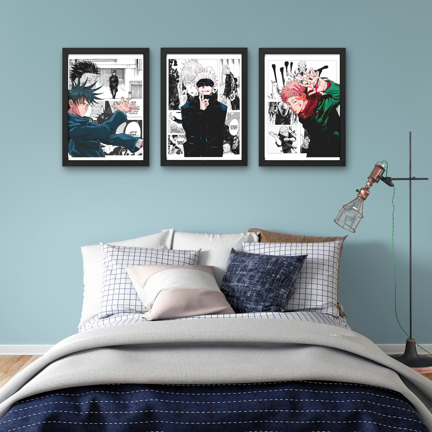 Framed anime wall art set featuring characters from Jujutsu Kaisen, ideal for modern anime wall decor and stylish wall designs for bedrooms and living spaces.