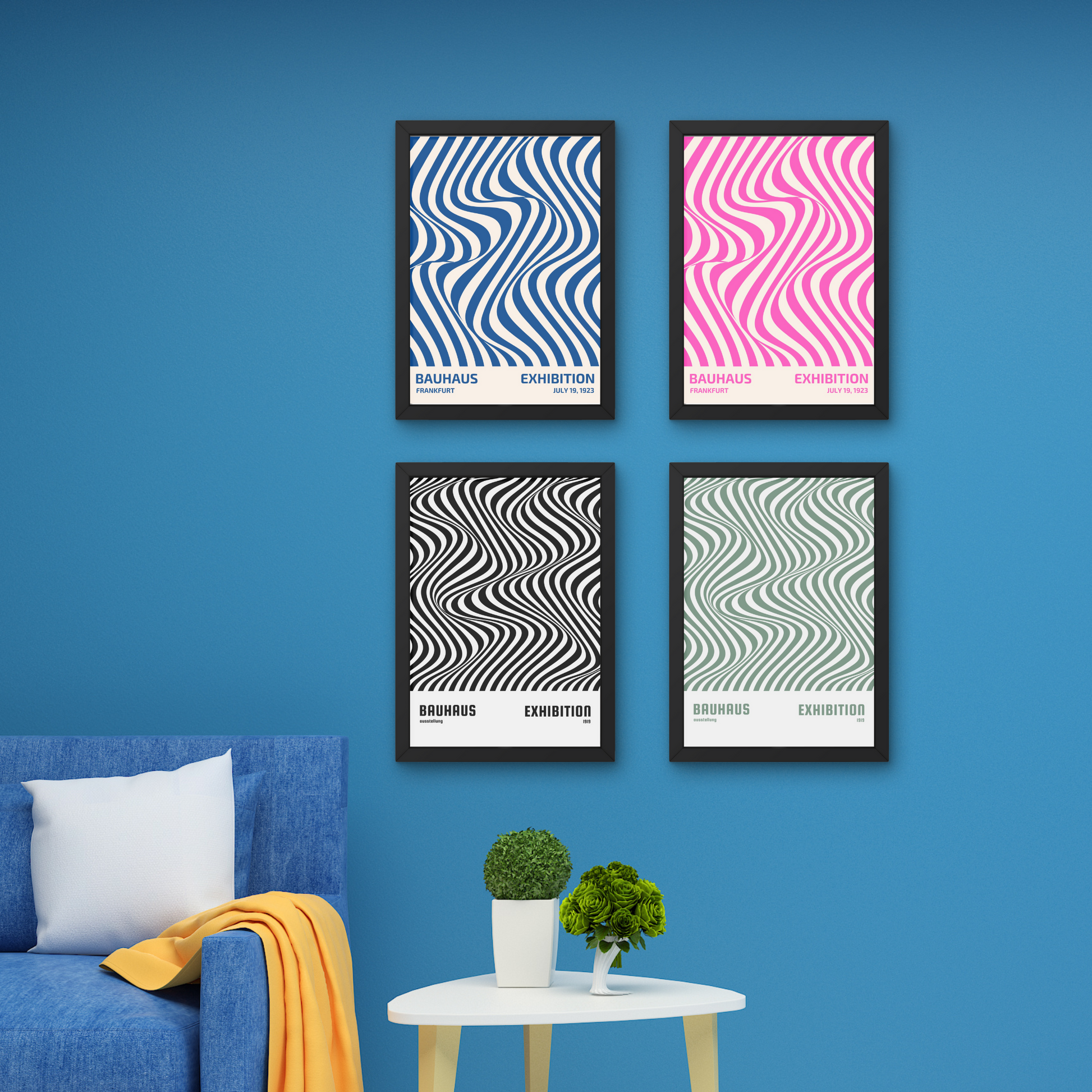 "Set of four Bauhaus exhibition posters with wavy abstract patterns, available in black, blue, pink, and green



