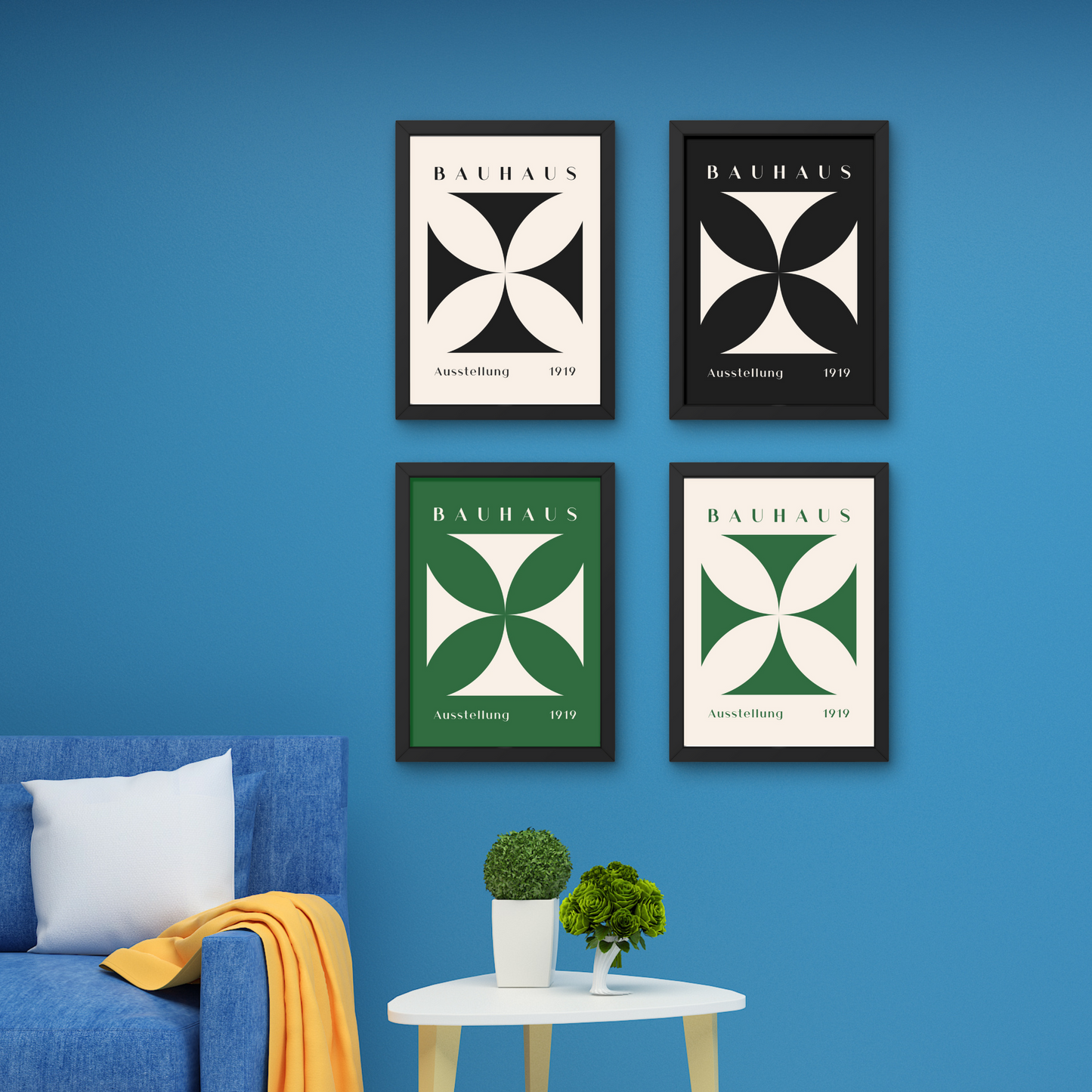 Set of four minimalist Bauhaus posters featuring bold geometric shapes in black, white, and green, perfect for eco-inspired wall art design.



