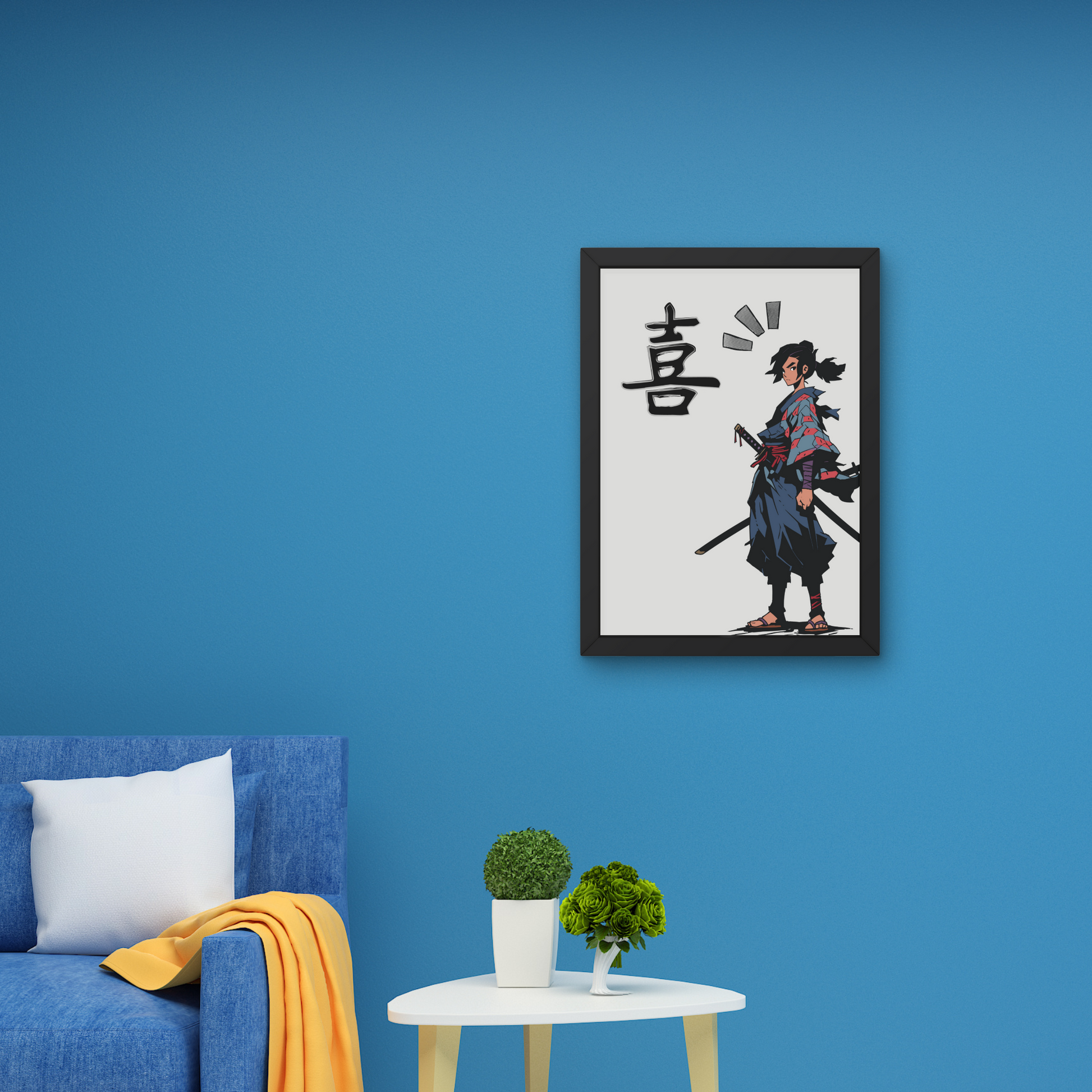 Framed anime-style wall art of a katana warrior with Japanese character, perfect for modern decor, from The Modern Curated Creations.