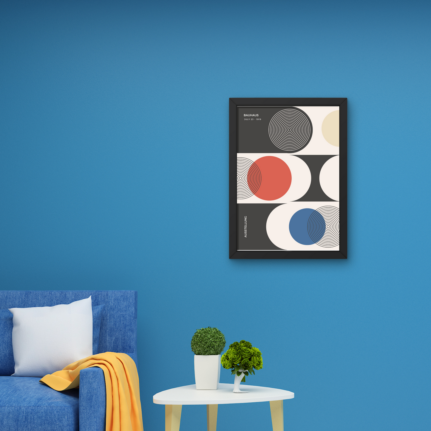 Bauhaus-inspired poster featuring abstract concentric circles in black, red, blue, and beige, framed for stylish wall decor




