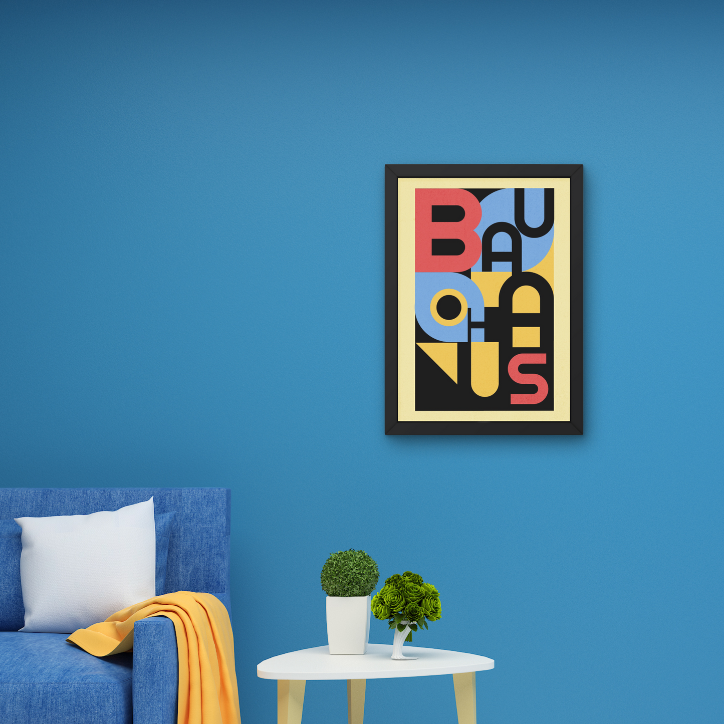 "Colorful Bauhaus poster with bold typography in red, blue, and yellow, framed for a vibrant wall art addition.




