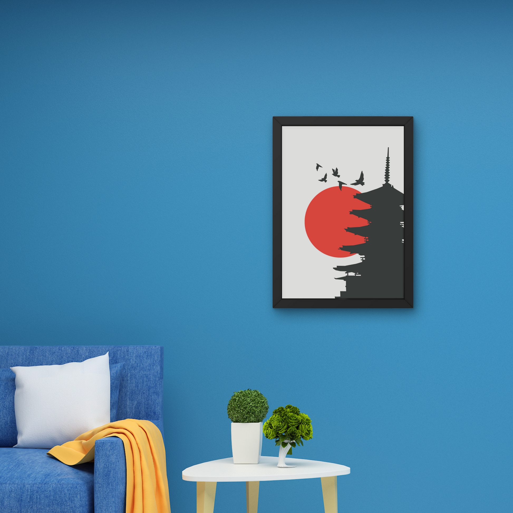 Framed wall art of a Japanese pagoda silhouette with a red sun in the background, perfect for modern decor, from The Modern Curated Creations.